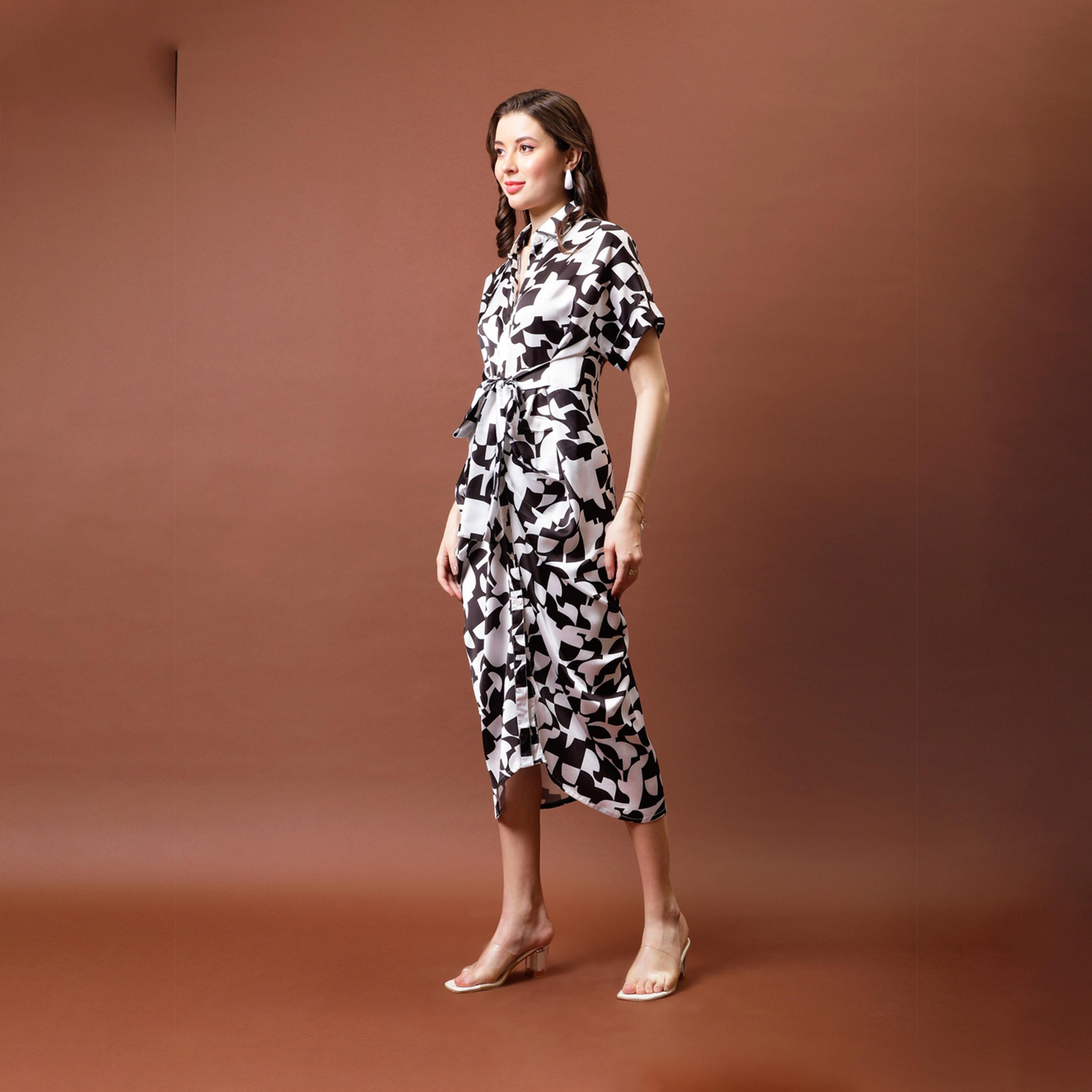 أثينا × ستايلي - فستان متوسط الطول بطبعة قميص من الساتان مع تفاصيل ثنيات-women-clothing-dresses-image-3