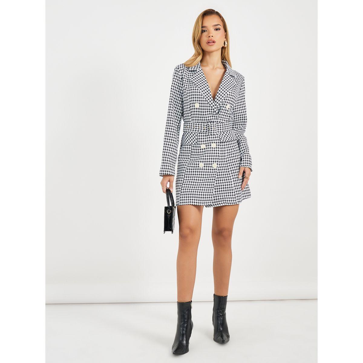 Styli Houndstooth Print Belted Blazer Mini Dress-women-clothing-dresses-image-1