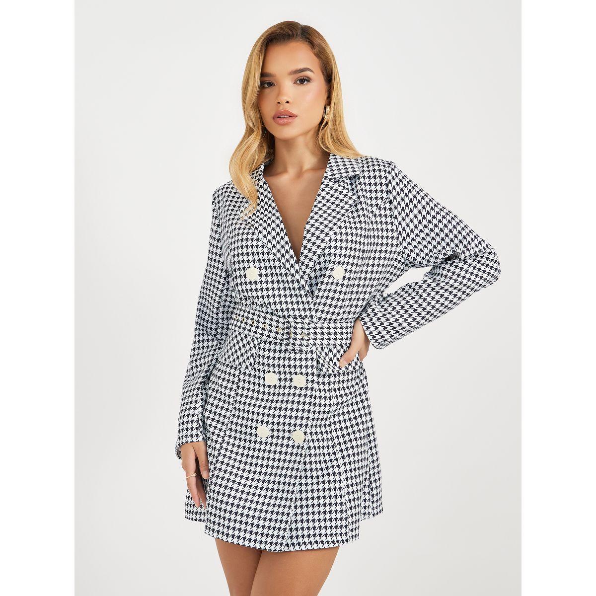 Styli Houndstooth Print Belted Blazer Mini Dress-women-clothing-dresses-image-2