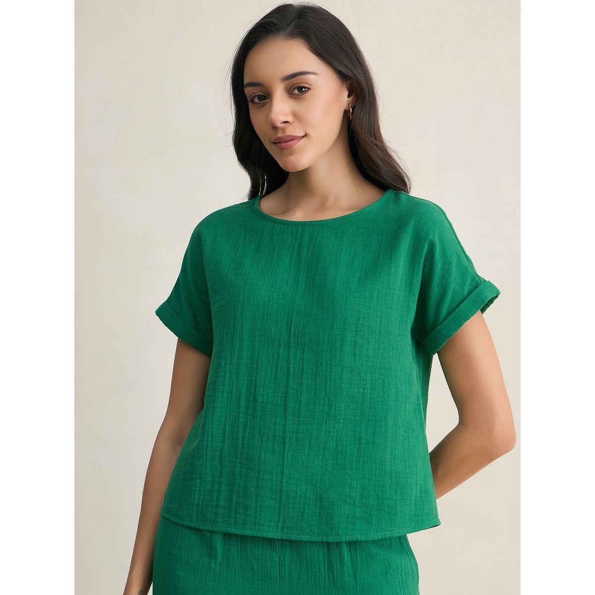 Femmella X Styli  Solid Crinkled Turn-Up Sleeve Top-women-clothing-shirtsandblouses-blouses-image-1