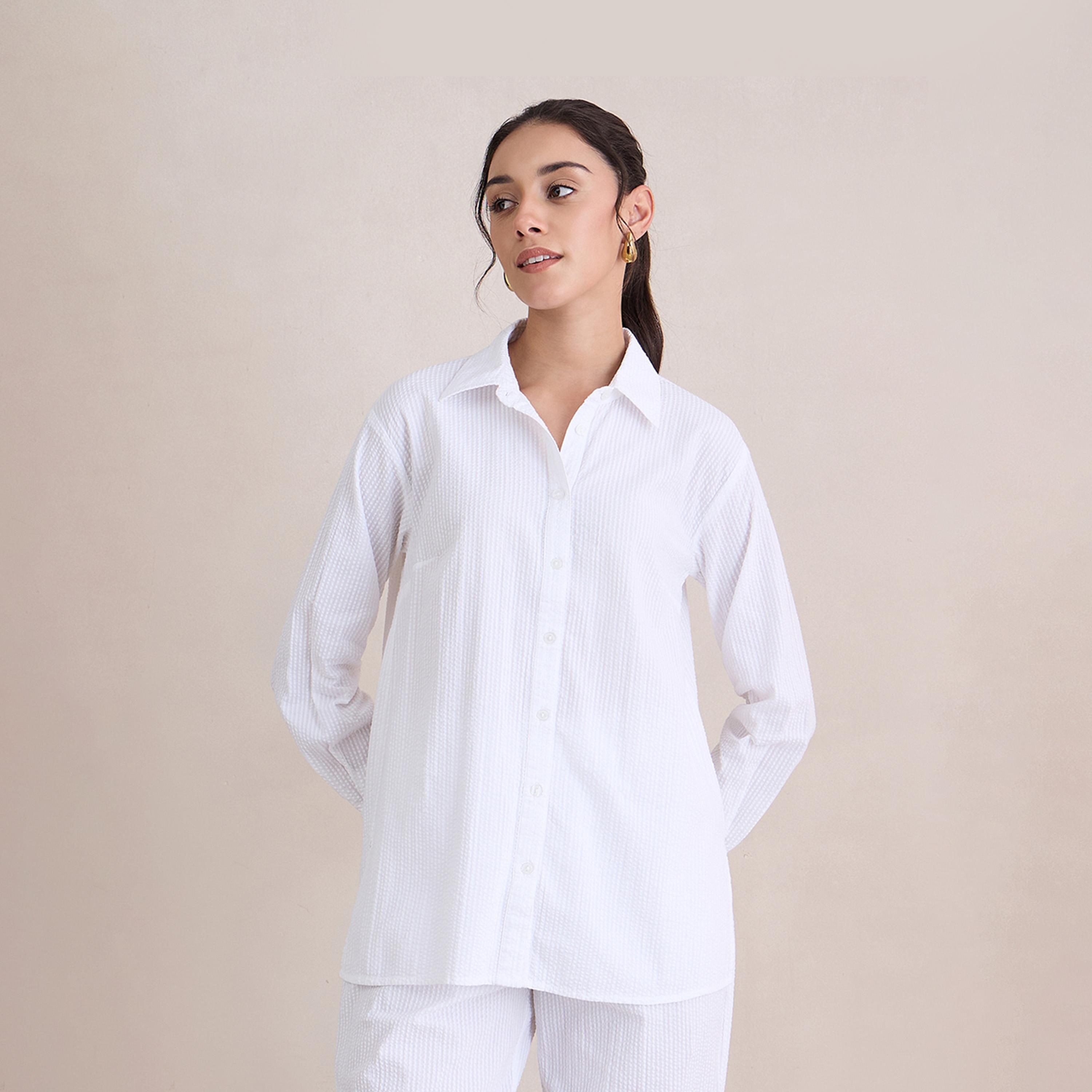 Femmella X Styli Seersucker Longline Shirt And Pants Co-Ords-women-clothing-coordsets-image-2