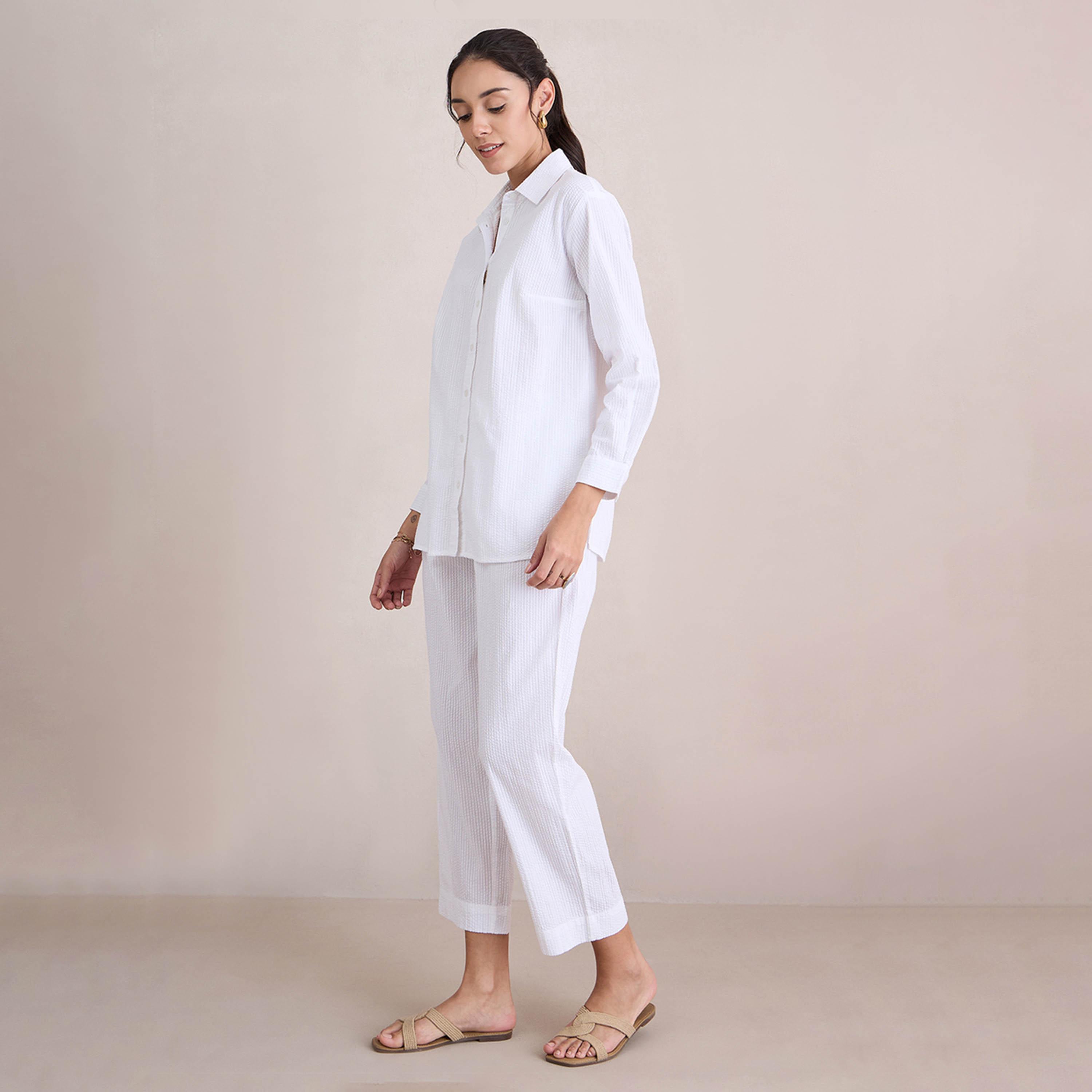 Femmella X Styli Seersucker Longline Shirt And Pants Co-Ords-women-clothing-coordsets-image-4