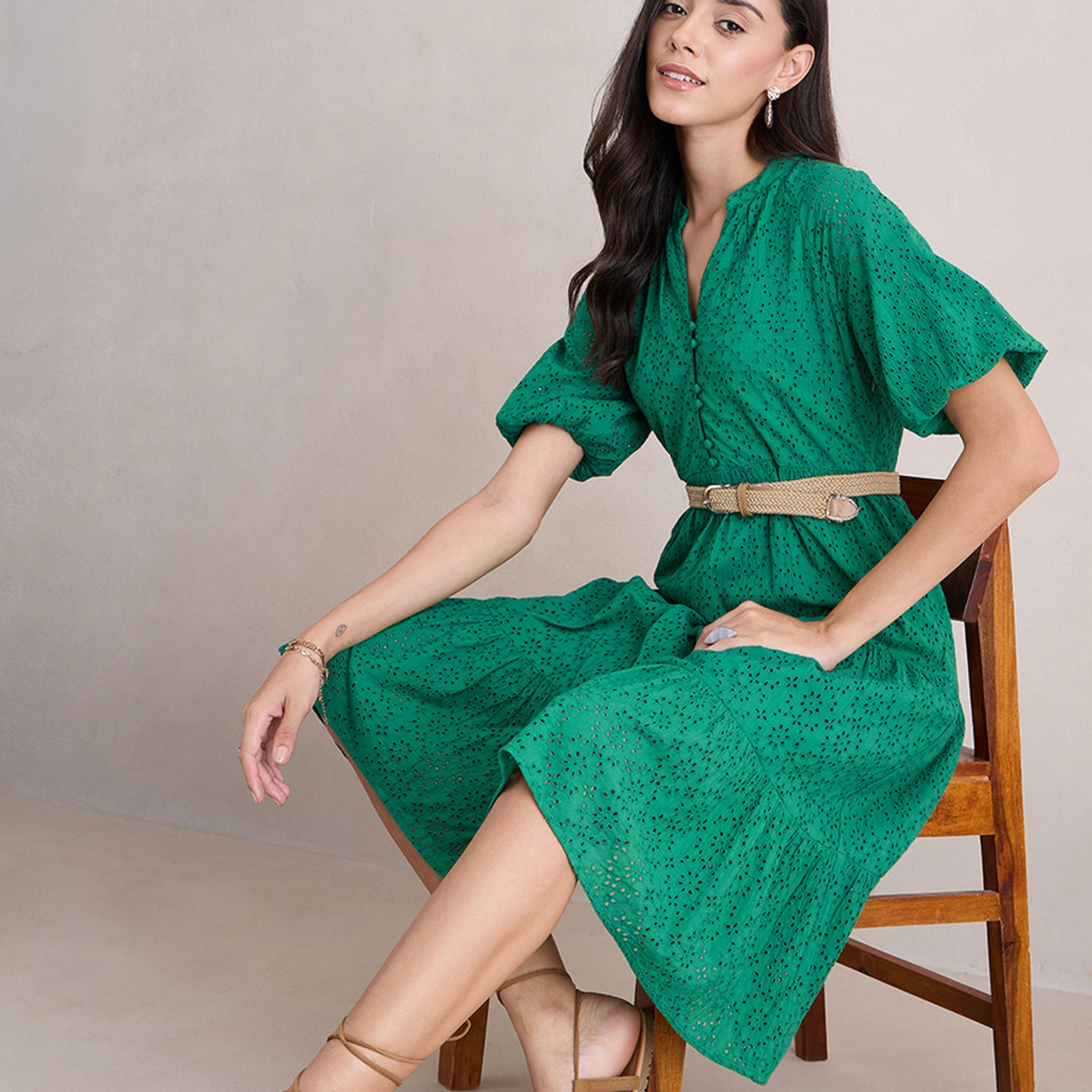 Femmella X Styli  Cotton Schiffli Button Loop Tiered Midi Dress-women-clothing-dresses-image-7