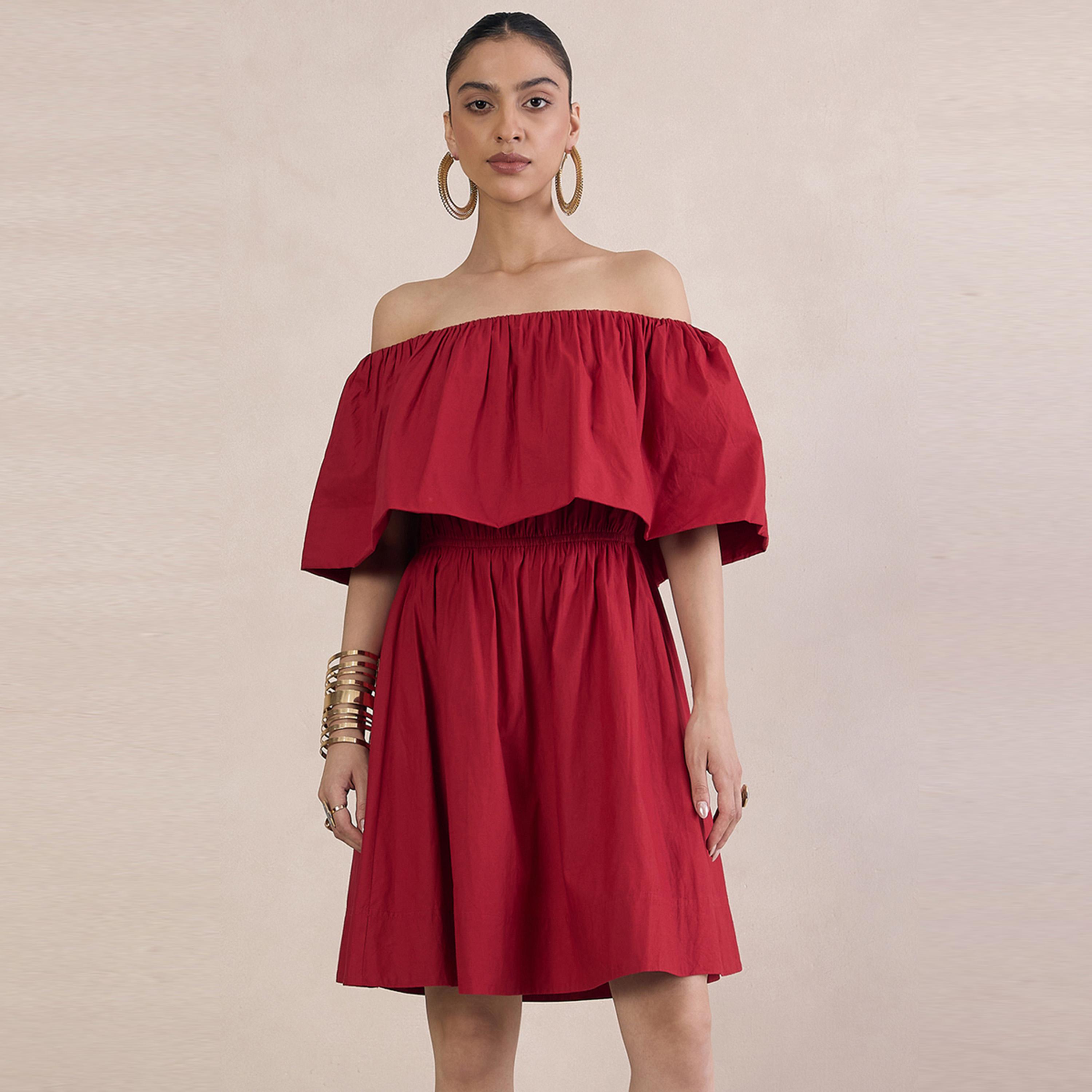 Femmella X Styli  Poplin Off Shoulder Neck A-Line Mini Dress-women-clothing-dresses-image-2