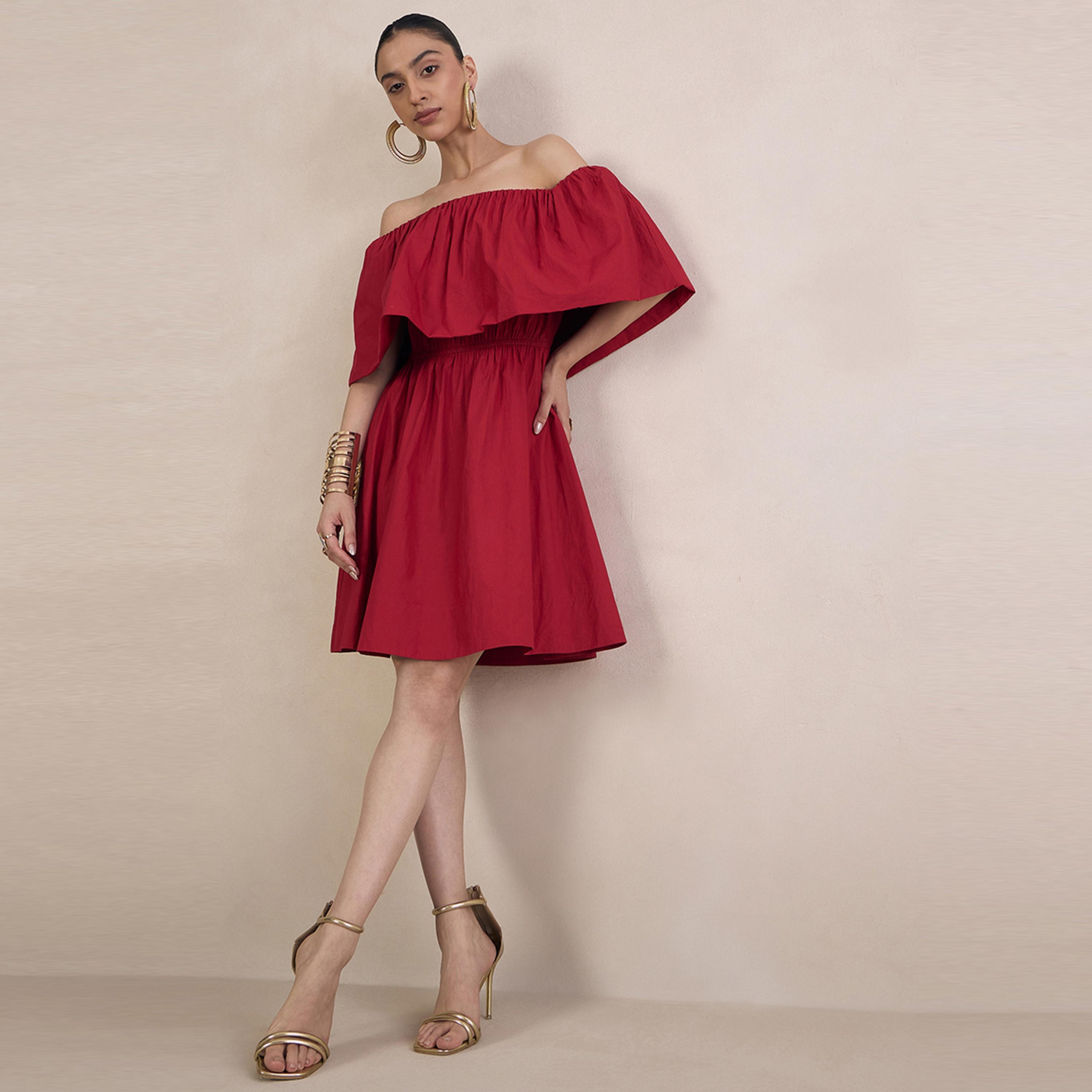 Femmella X Styli  Poplin Off Shoulder Neck A-Line Mini Dress-women-clothing-dresses-image-5