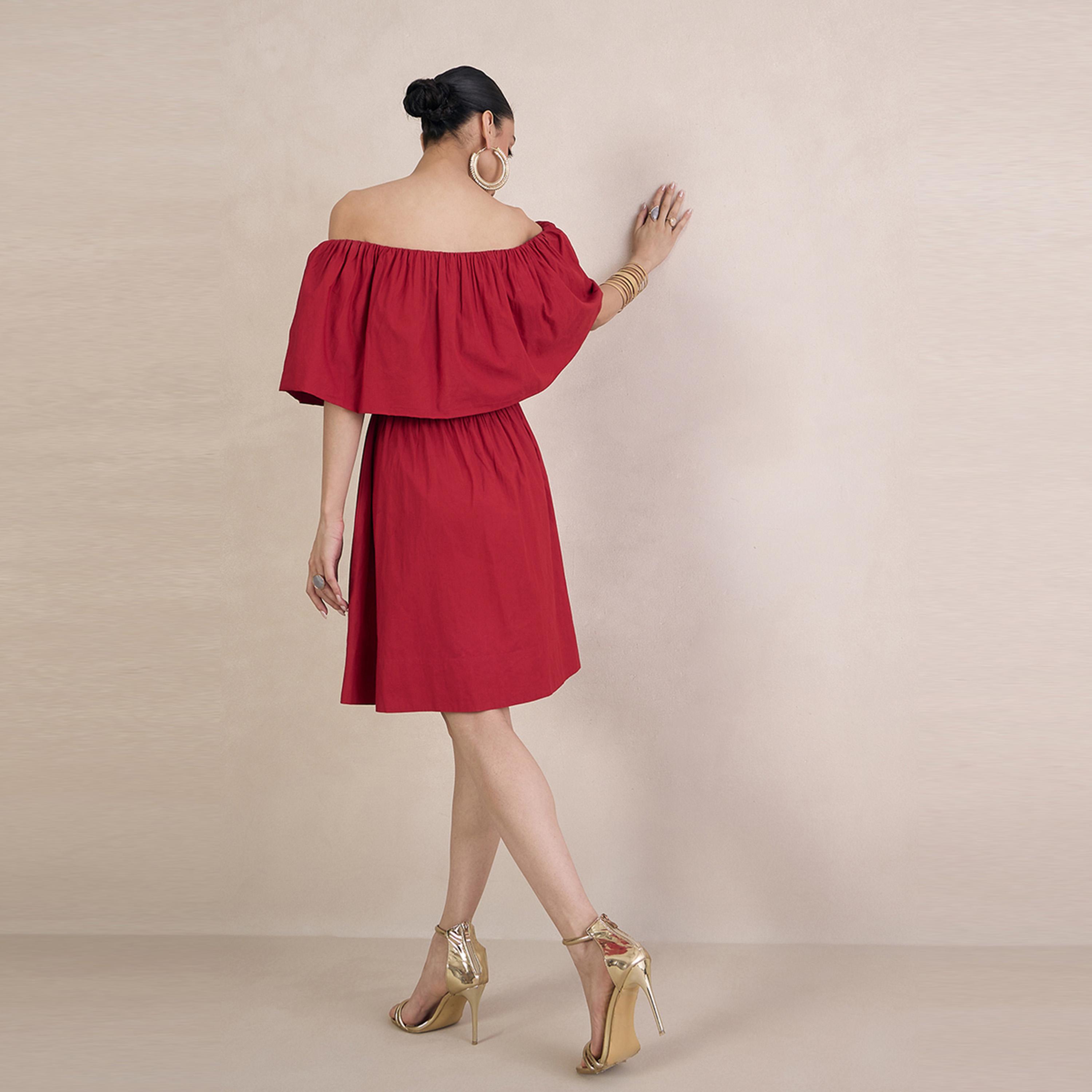 Femmella X Styli  Poplin Off Shoulder Neck A-Line Mini Dress-women-clothing-dresses-image-6