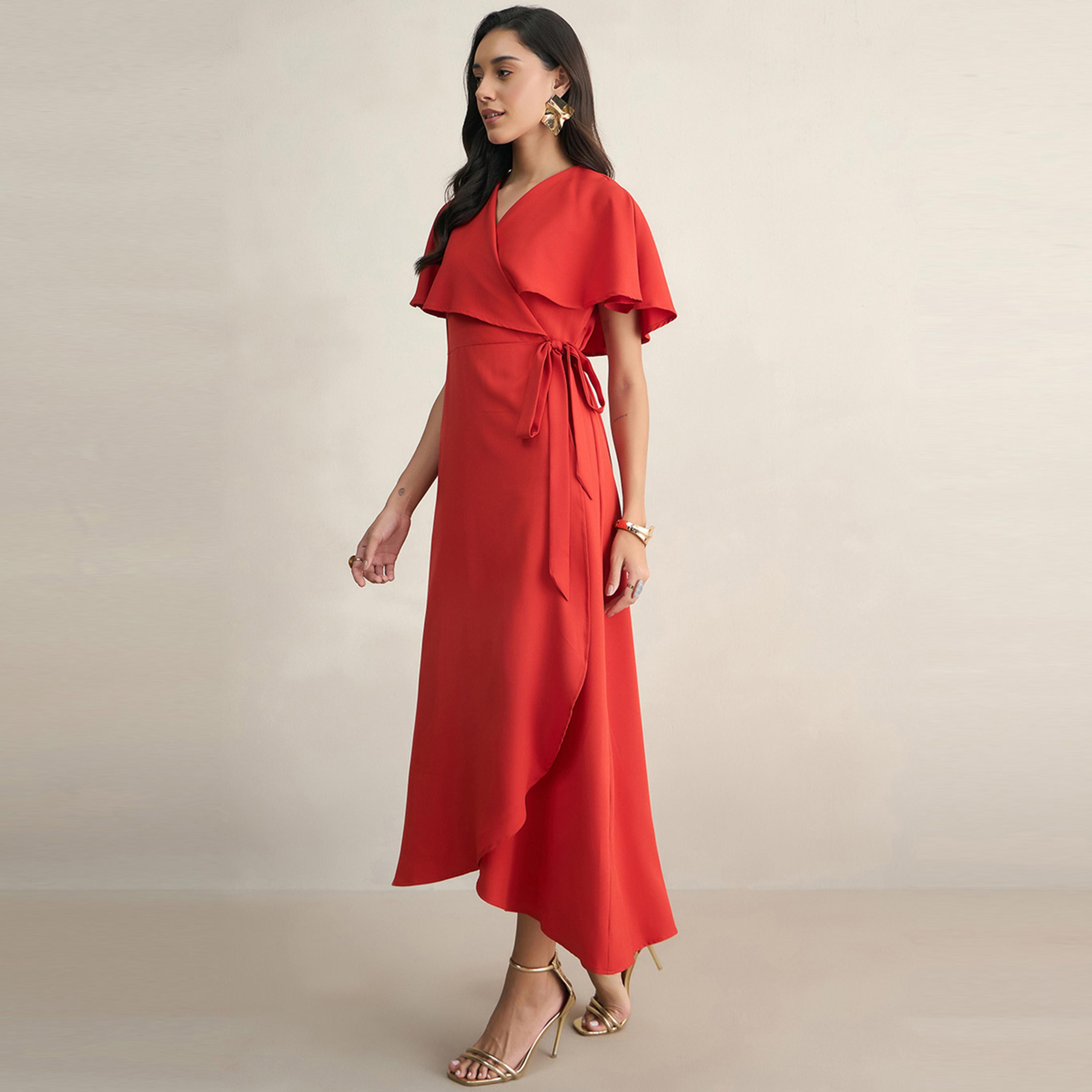 Femmella X Styli  Cape Style Sleeve Wrap Maxi Dress with Tie-Waist-women-clothing-dresses-image-2