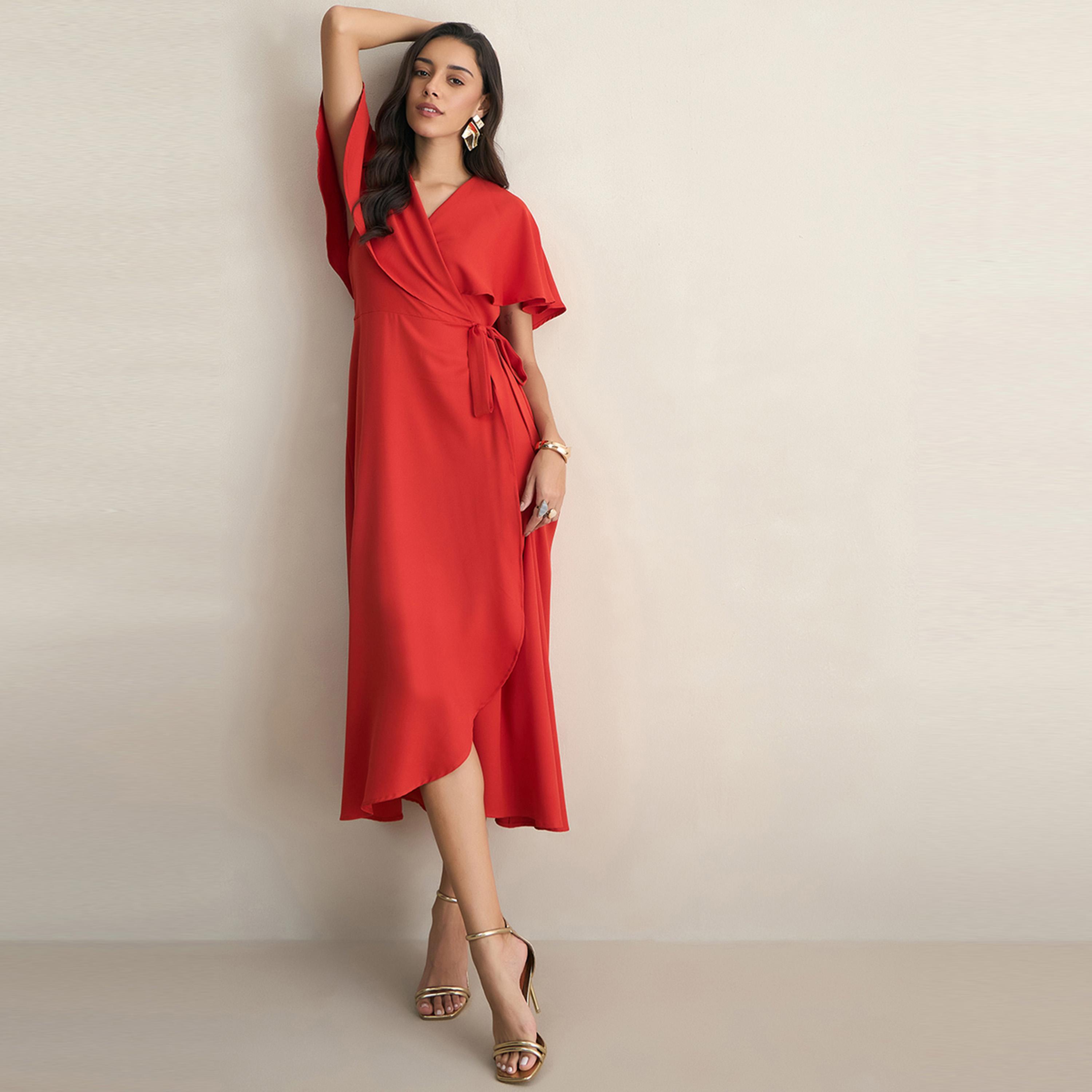 Femmella X Styli  Cape Style Sleeve Wrap Maxi Dress with Tie-Waist-women-clothing-dresses-image-5