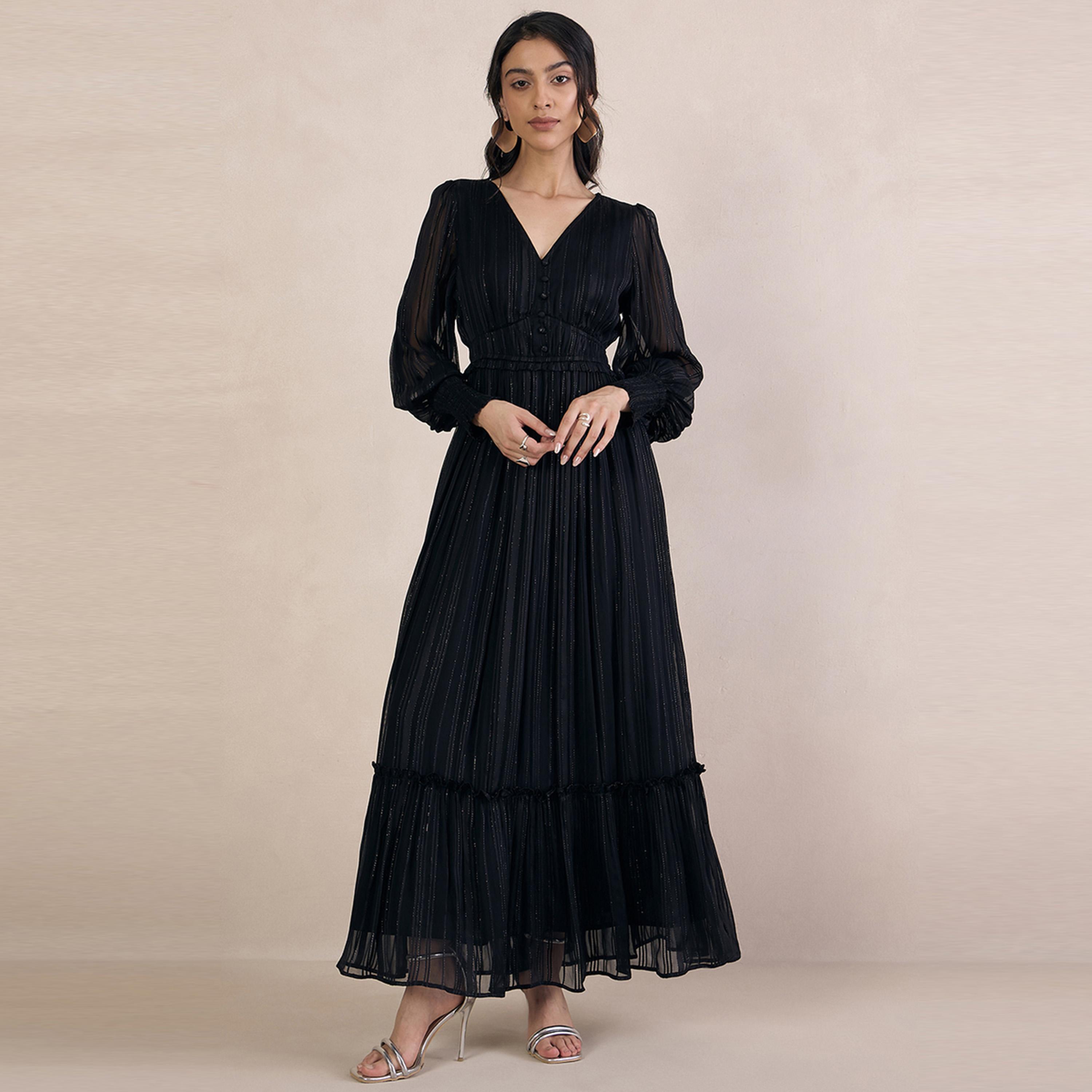 Femmella X Styli  Lurex Tiered Maxi Dress with Volume Sleeves-women-clothing-dresses-image-1