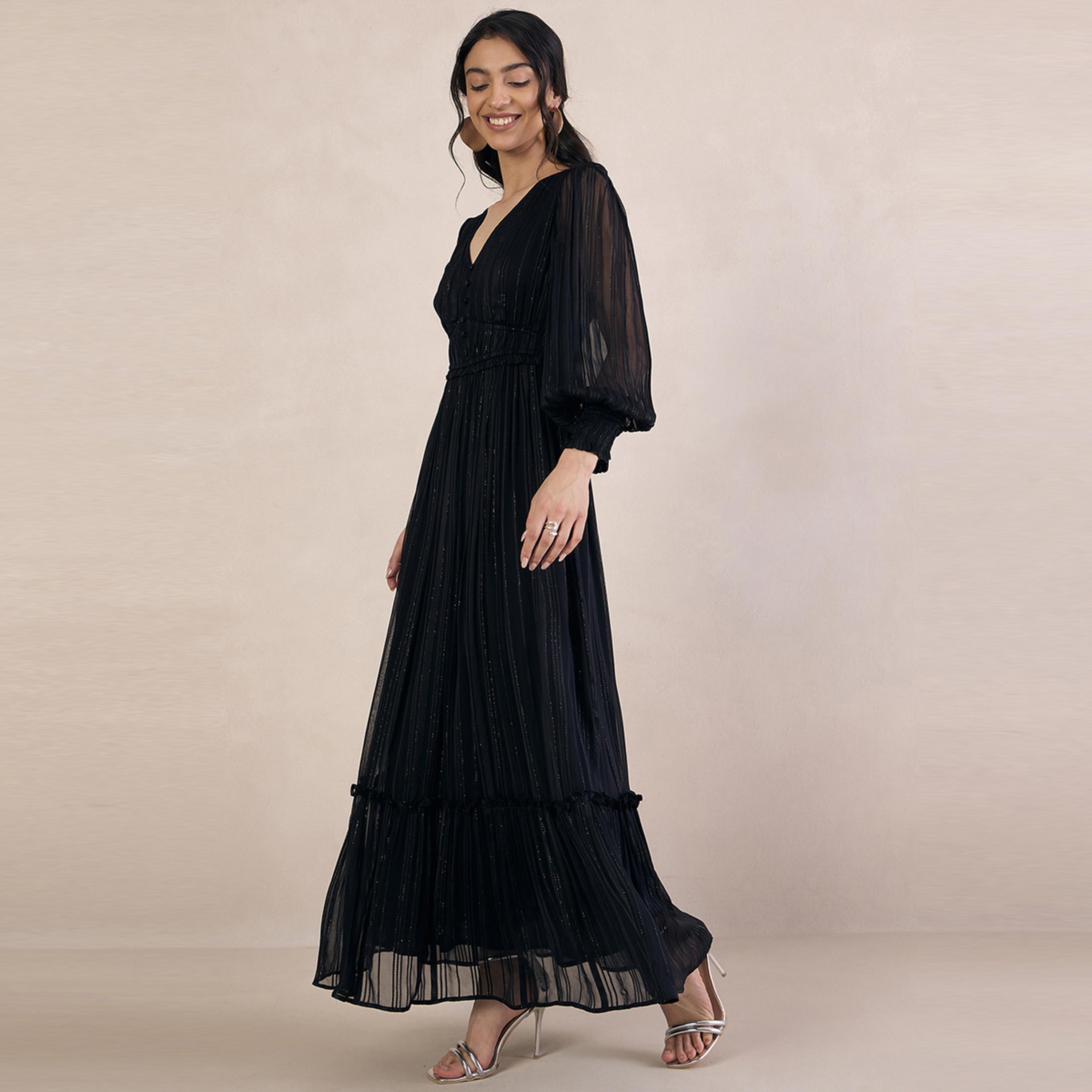 Femmella X Styli  Lurex Tiered Maxi Dress with Volume Sleeves-women-clothing-dresses-image-2