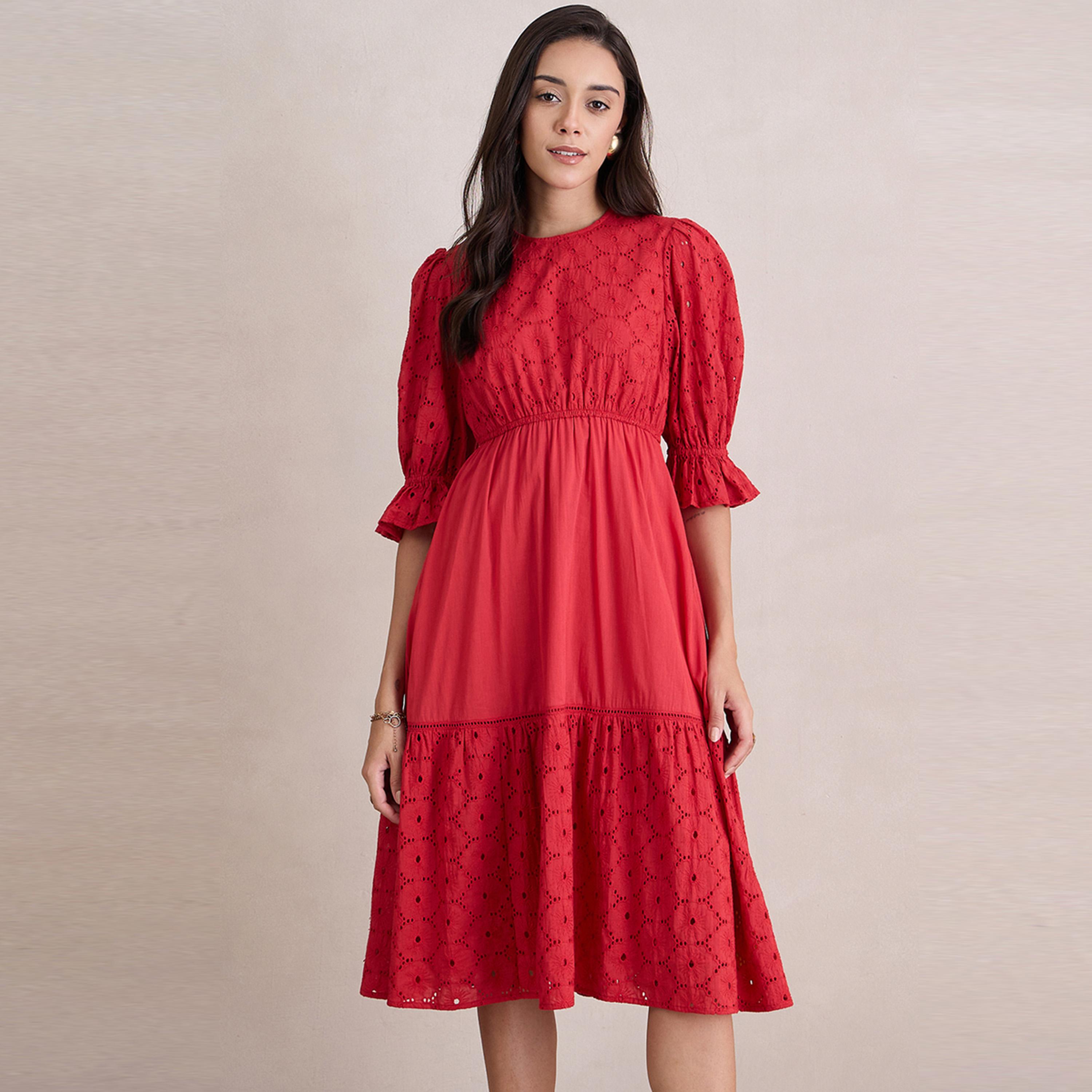 فستان ميدي شيفلي مزين بكسرات فِميلا × ستايلي-women-clothing-dresses-image-1