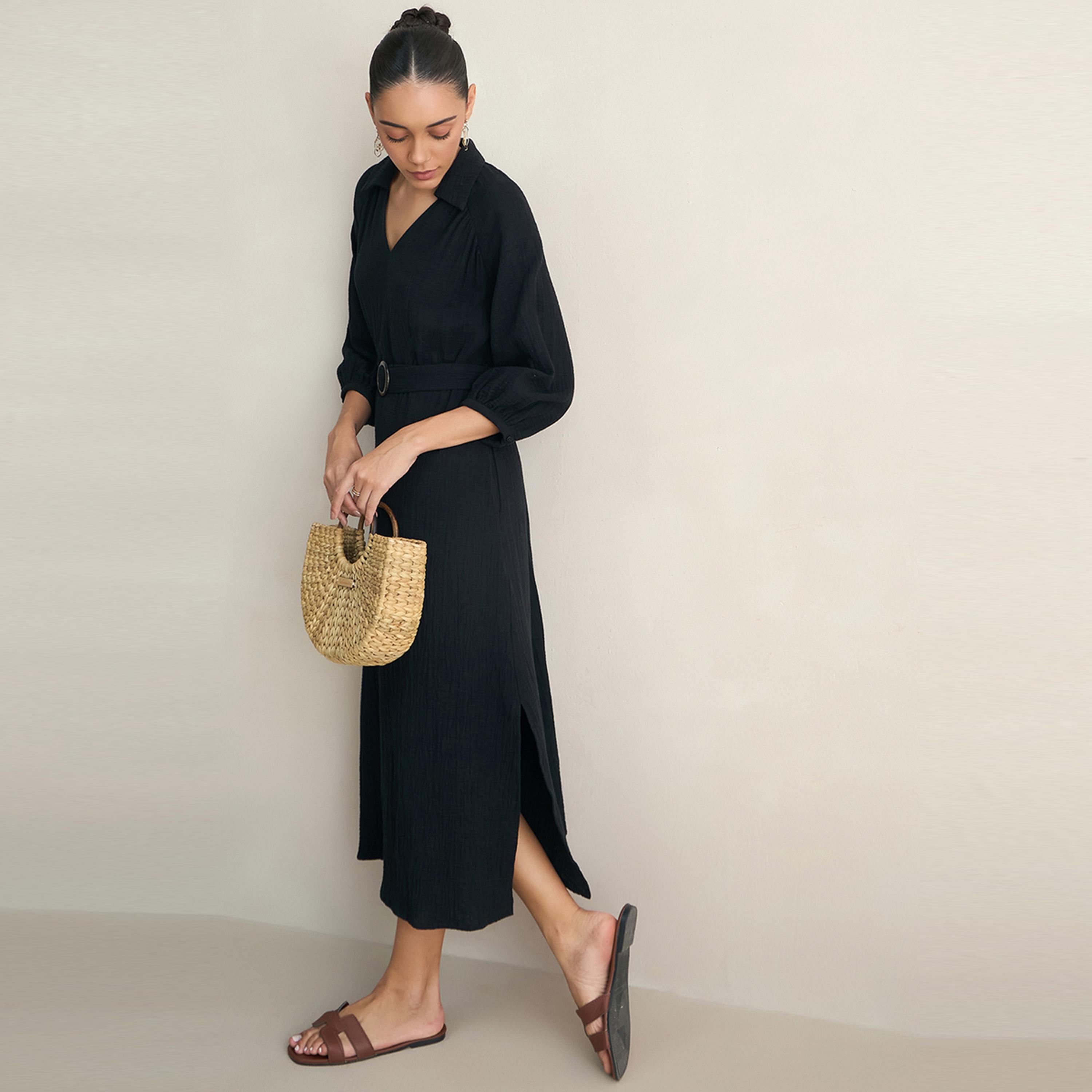 فستان طويل بياقة مع حزام خصر فِميلا × ستايلي-women-clothing-dresses-image-1