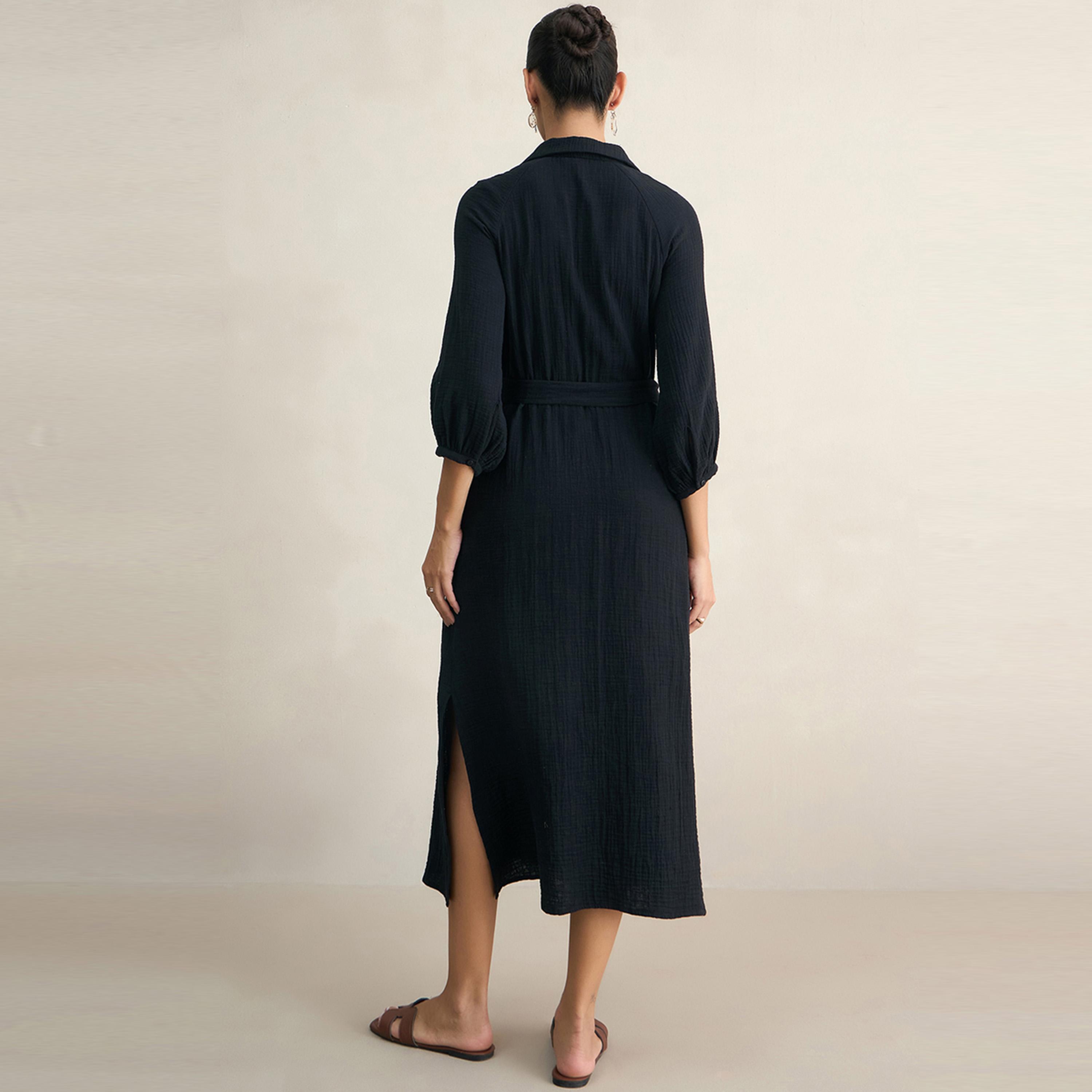 فستان طويل بياقة مع حزام خصر فِميلا × ستايلي-women-clothing-dresses-image-10