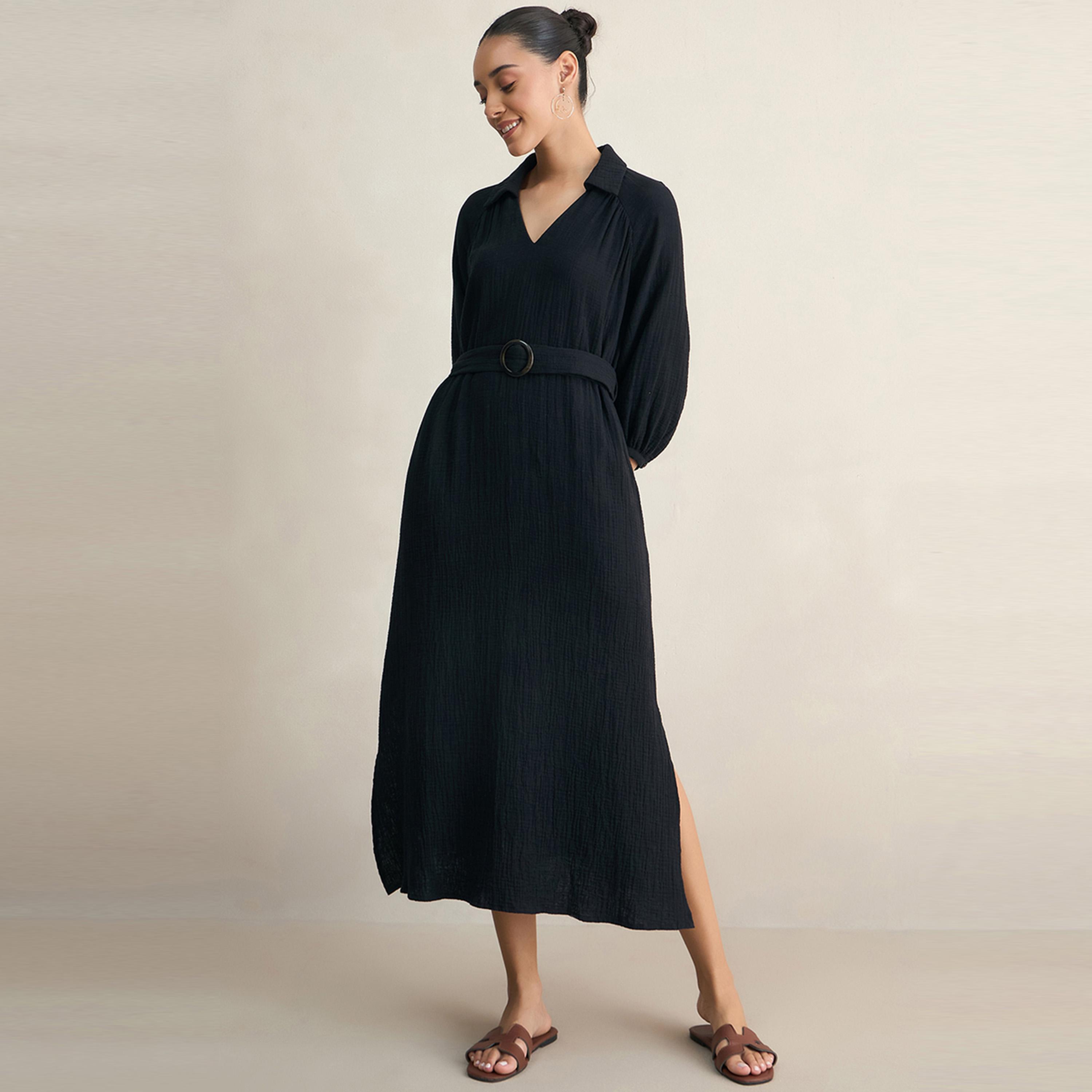 فستان طويل بياقة مع حزام خصر فِميلا × ستايلي-women-clothing-dresses-image-2