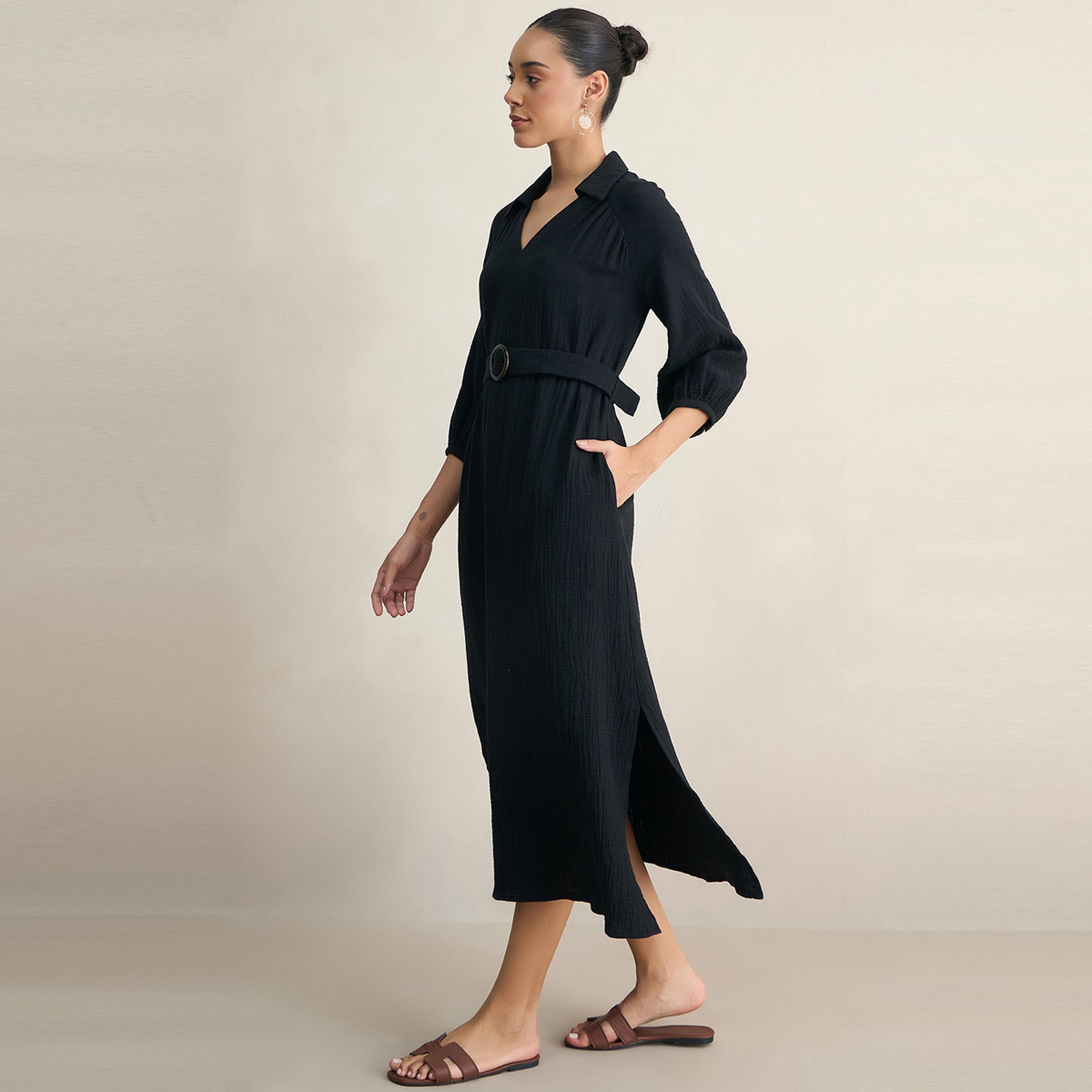 فستان طويل بياقة مع حزام خصر فِميلا × ستايلي-women-clothing-dresses-image-3
