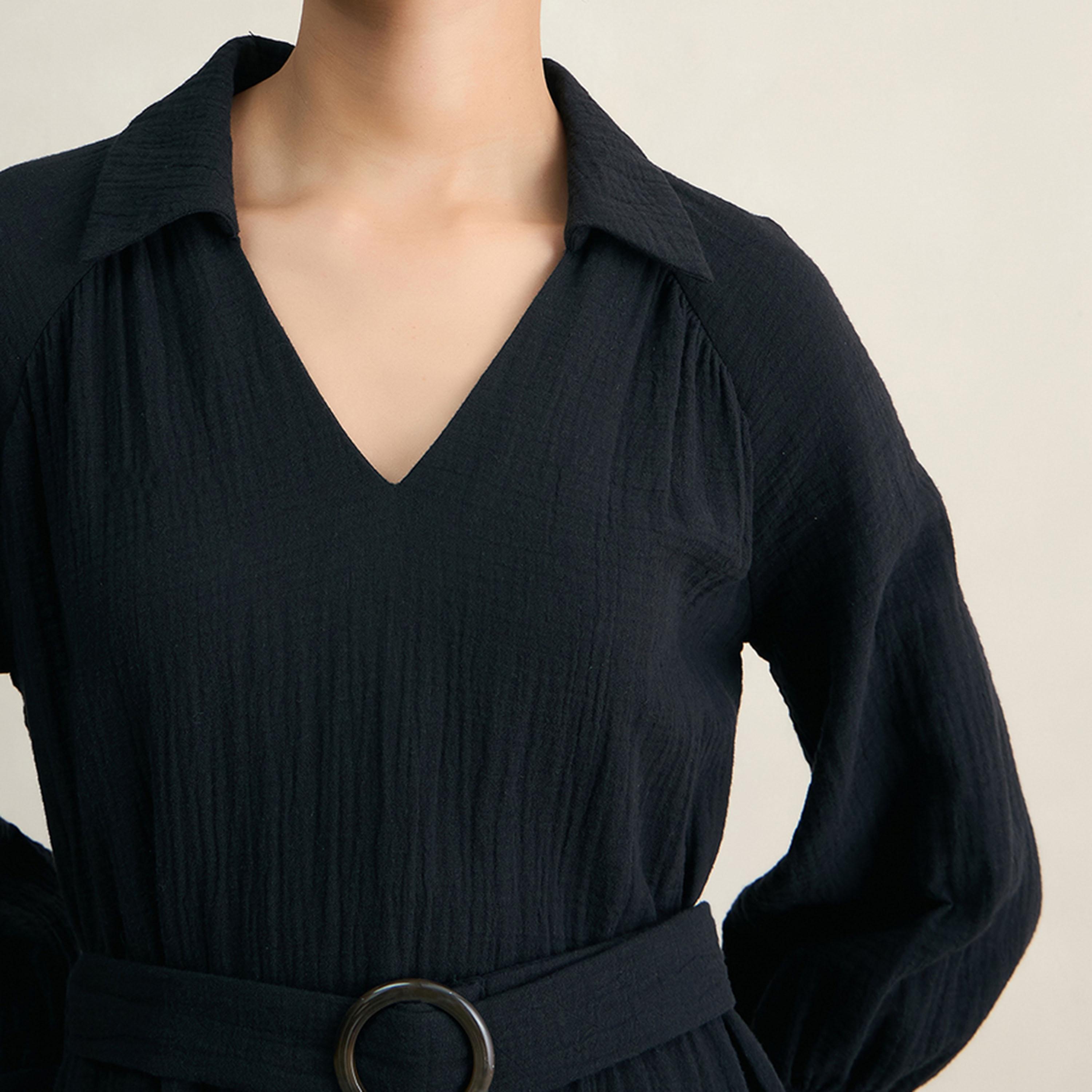 فستان طويل بياقة مع حزام خصر فِميلا × ستايلي-women-clothing-dresses-image-7