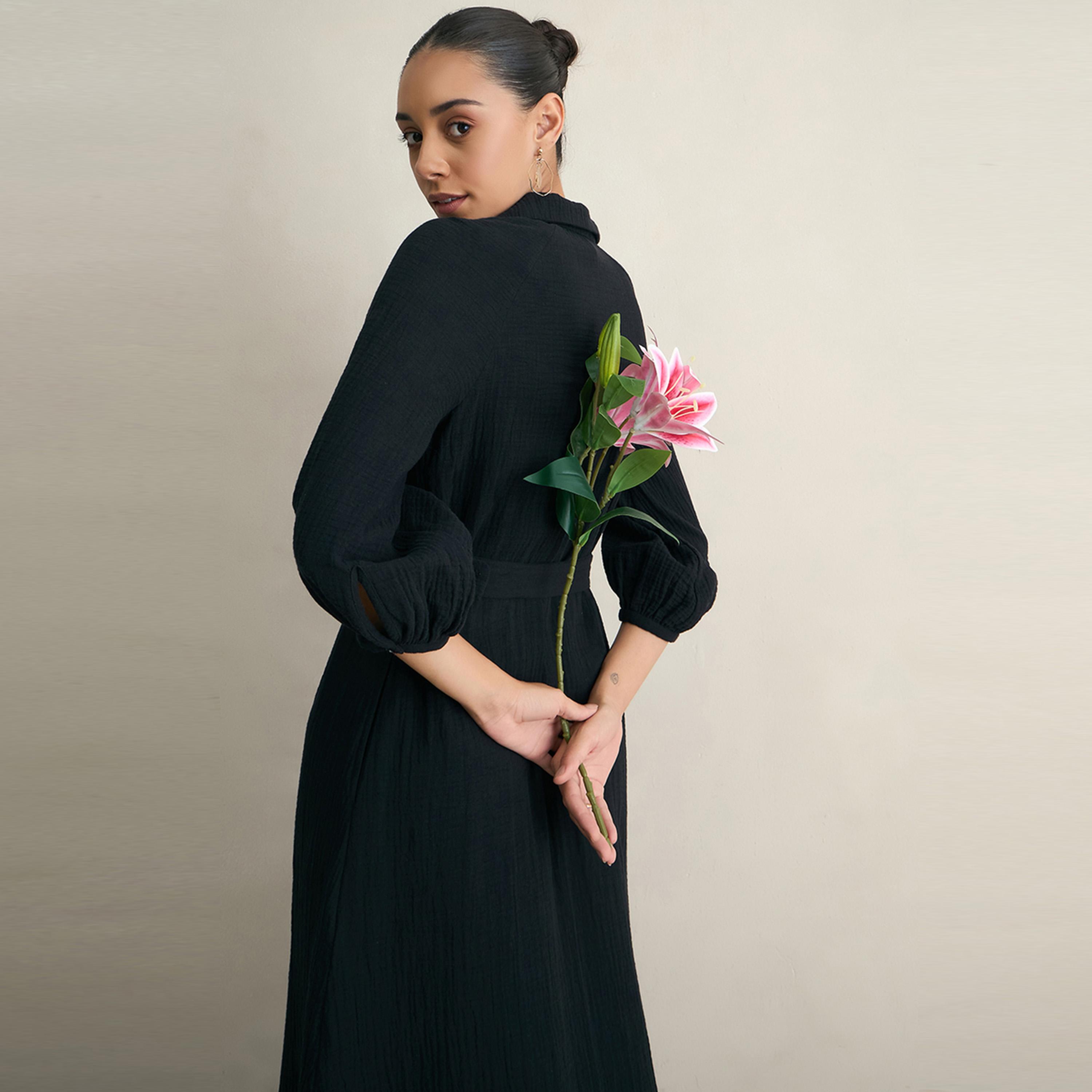 فستان طويل بياقة مع حزام خصر فِميلا × ستايلي-women-clothing-dresses-image-8
