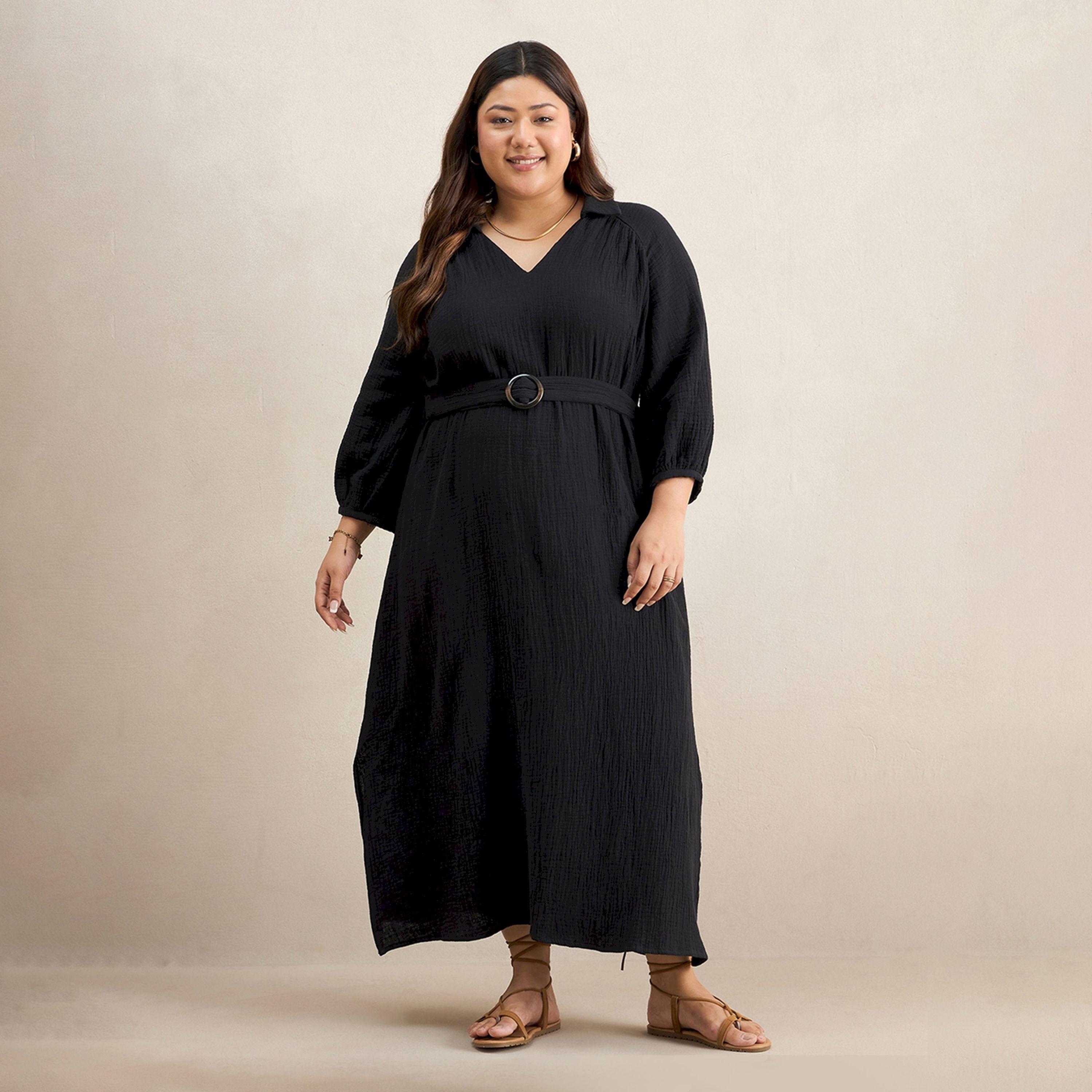 Femmella Texture Cotton Collared Maxi Dress with Belt-women-clothing-dresses-image-2