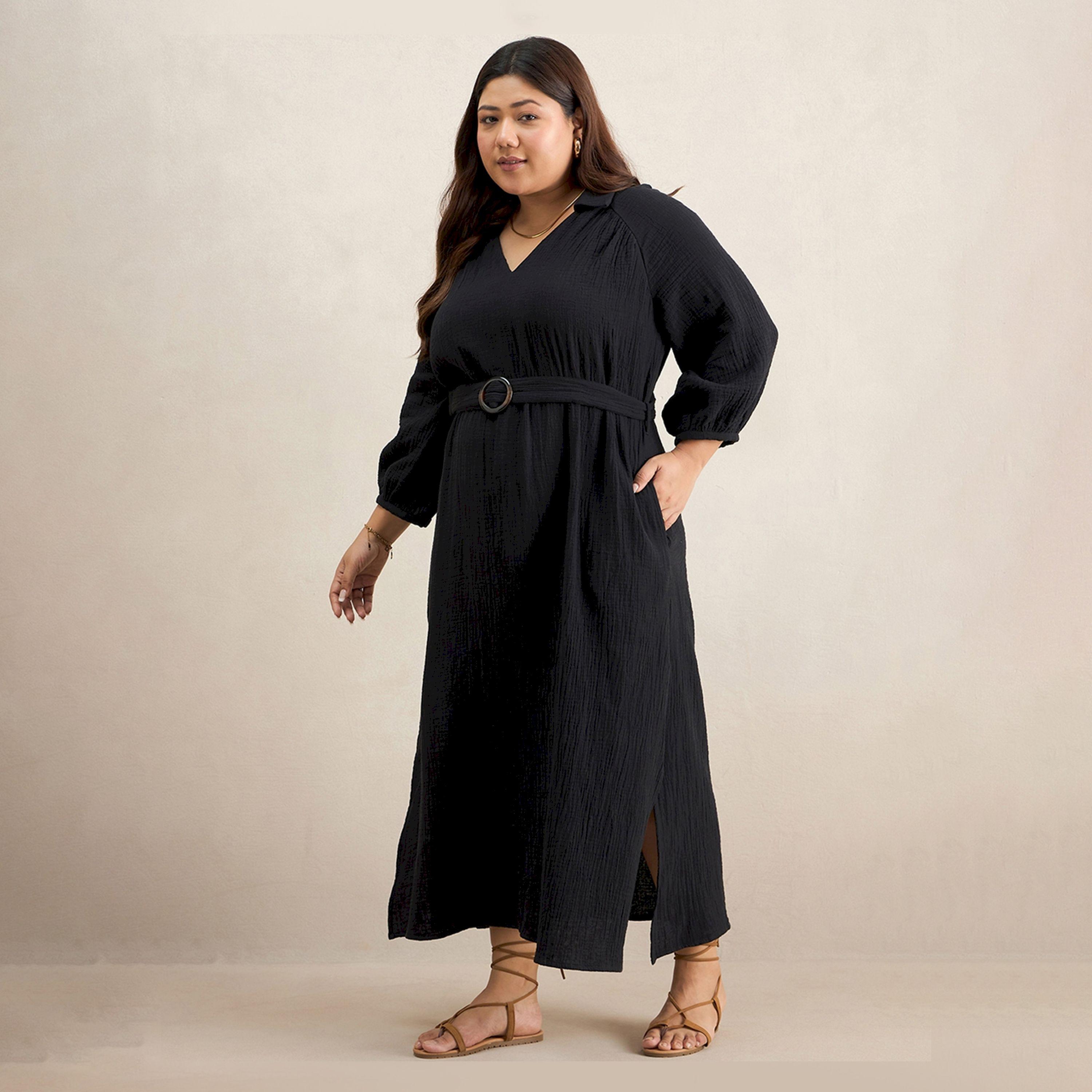 Femmella Texture Cotton Collared Maxi Dress with Belt-women-clothing-dresses-image-3