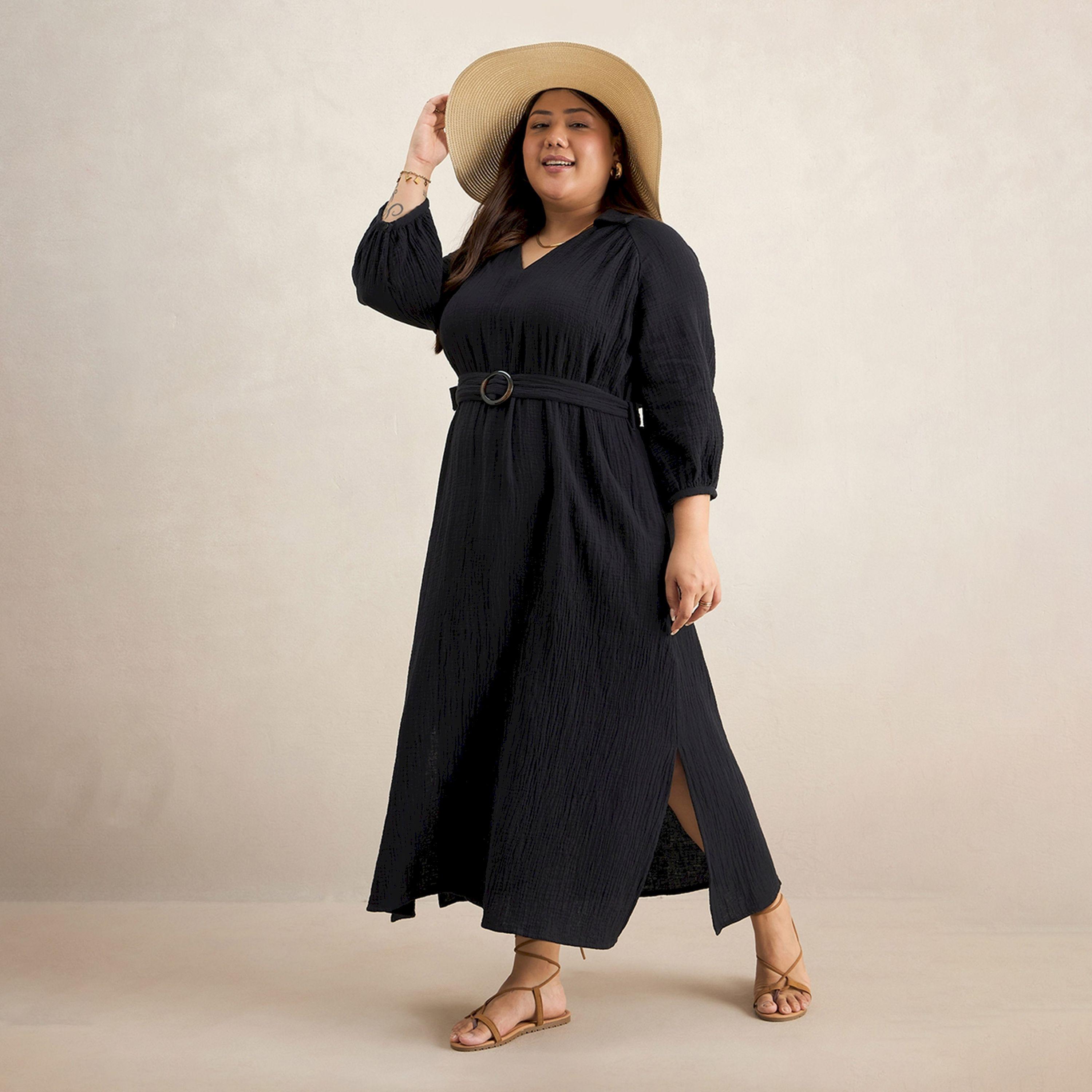 Femmella Texture Cotton Collared Maxi Dress with Belt-women-clothing-dresses-image-4