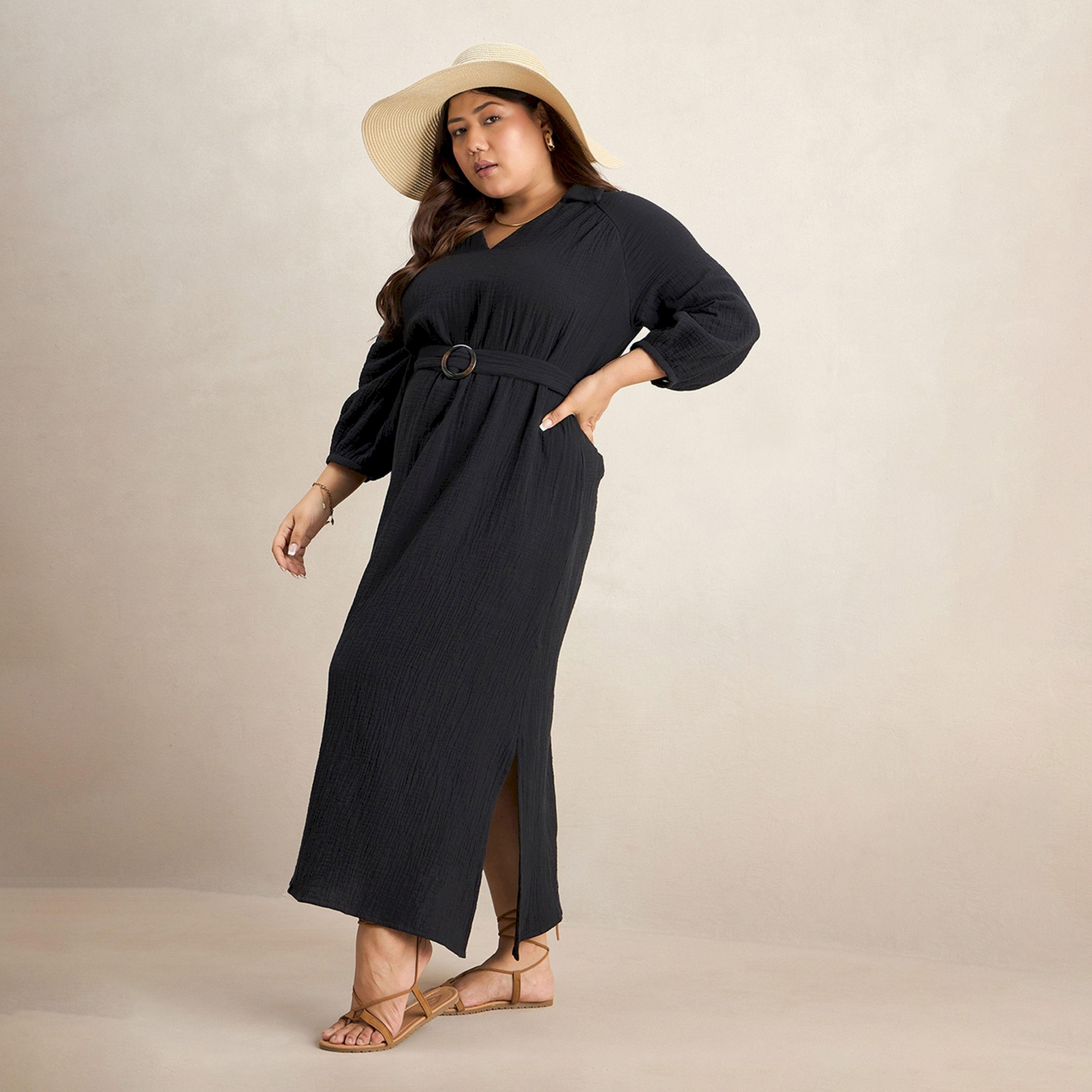 Femmella Texture Cotton Collared Maxi Dress with Belt-women-clothing-dresses-image-5