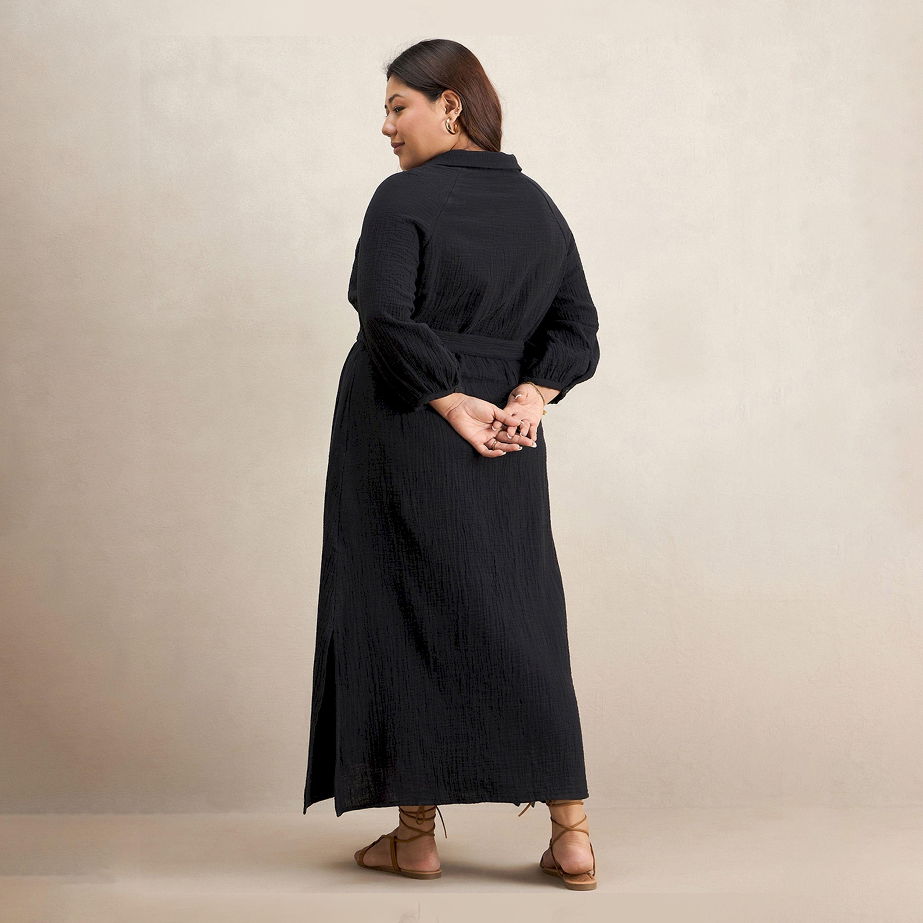 Femmella Texture Cotton Collared Maxi Dress with Belt-women-clothing-dresses-image-8