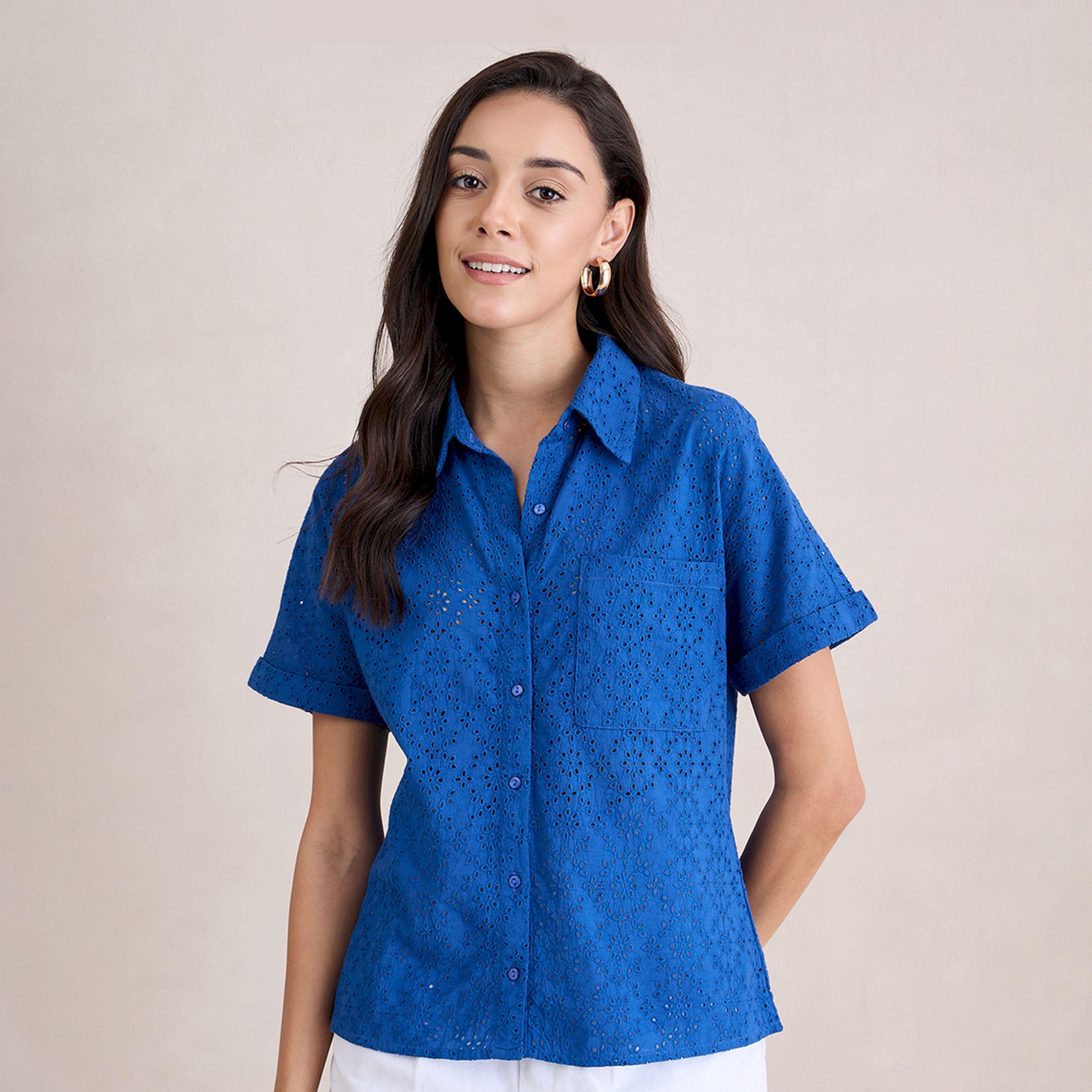 Femmella X Styli  Schiffli Short Sleeve Shirt with Pocket-women-clothing-shirtsandblouses-shirts-image-1