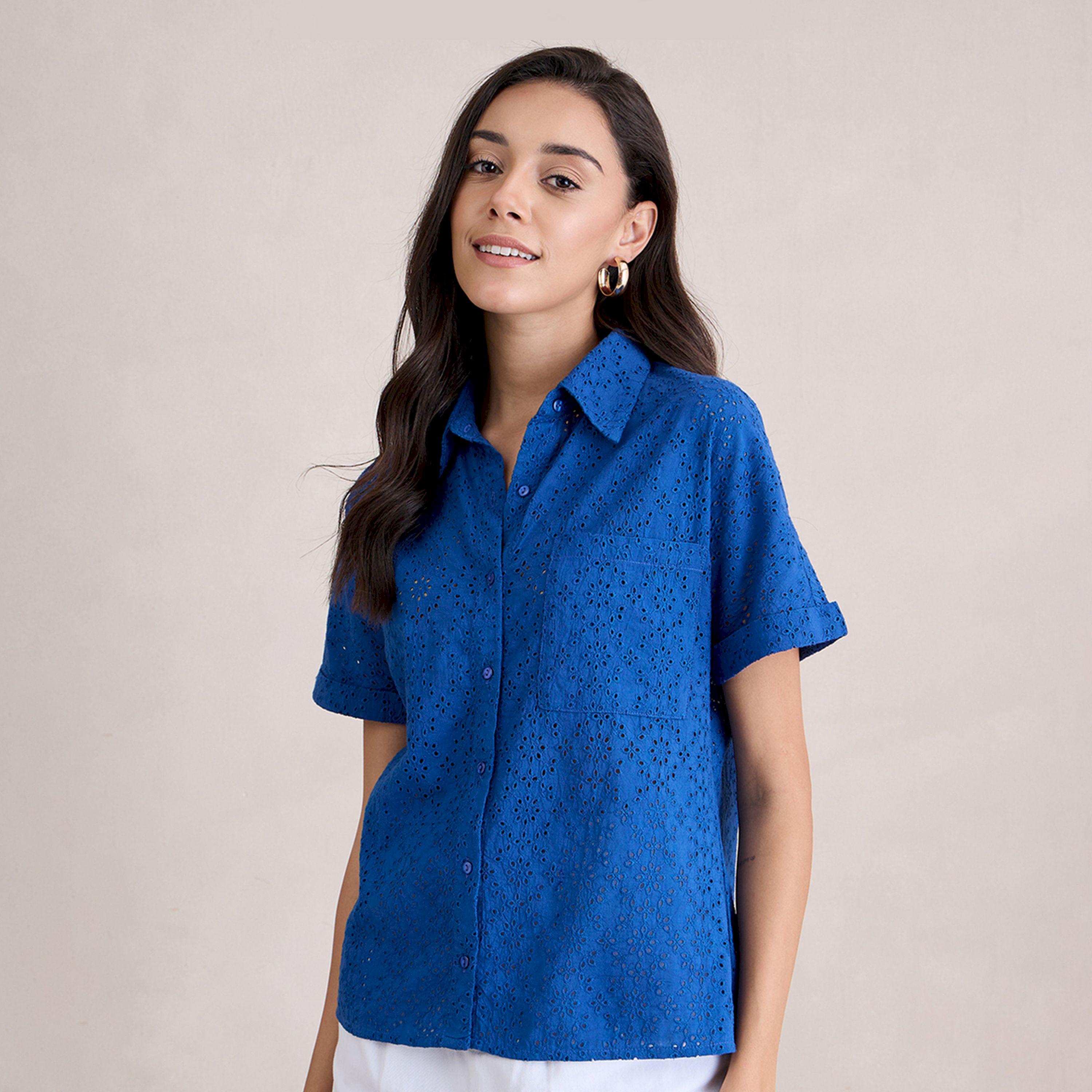 Femmella X Styli  Schiffli Short Sleeve Shirt with Pocket-women-clothing-shirtsandblouses-shirts-image-2