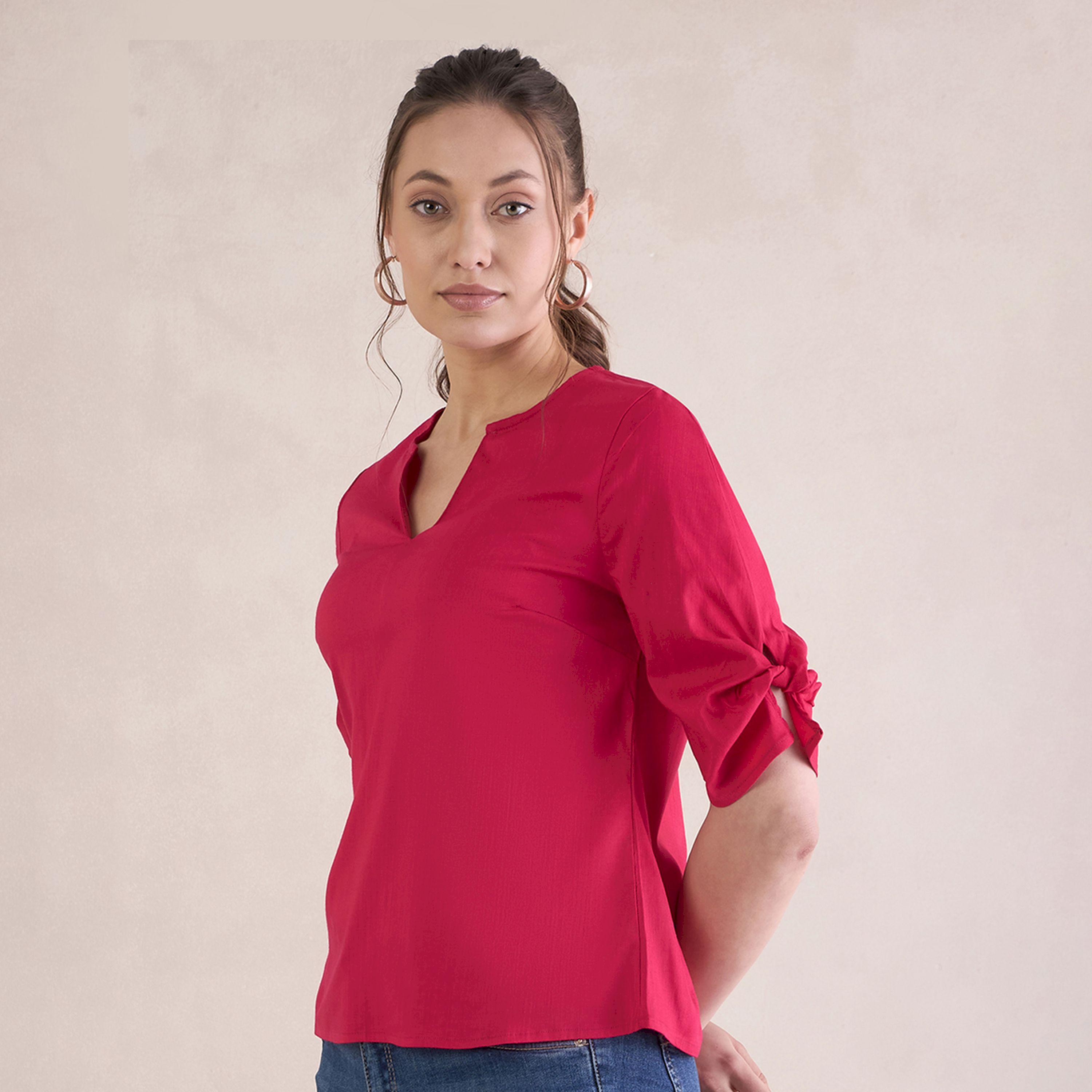 Femmella X Styli  Knot Sleeve Detail Top with Notch Neck-women-clothing-shirtsandblouses-blouses-image-2
