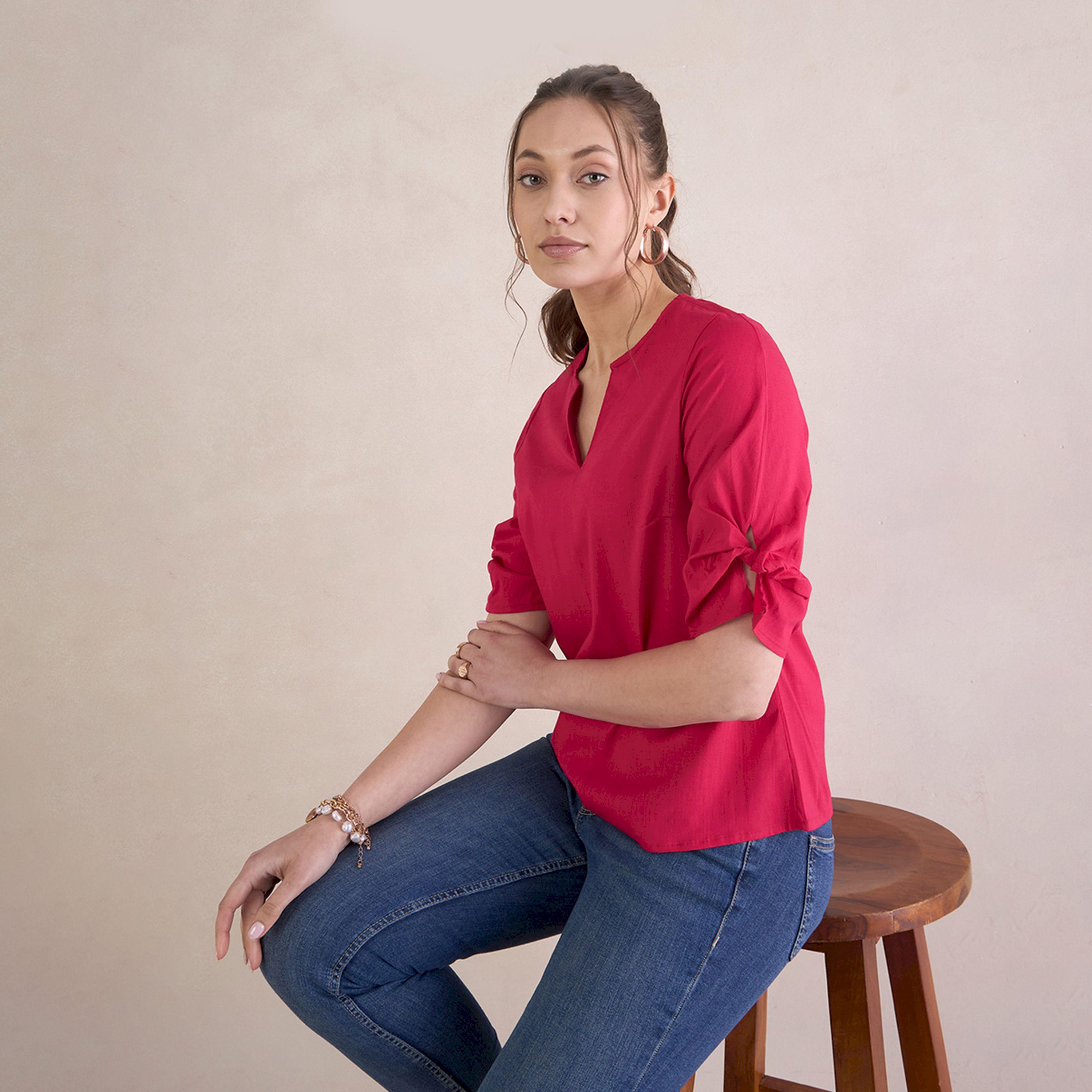 بلوزة بأكمام مزينة بعقدة وياقة نوتش فِميلا × ستايلي-women-clothing-shirtsandblouses-blouses-image-7