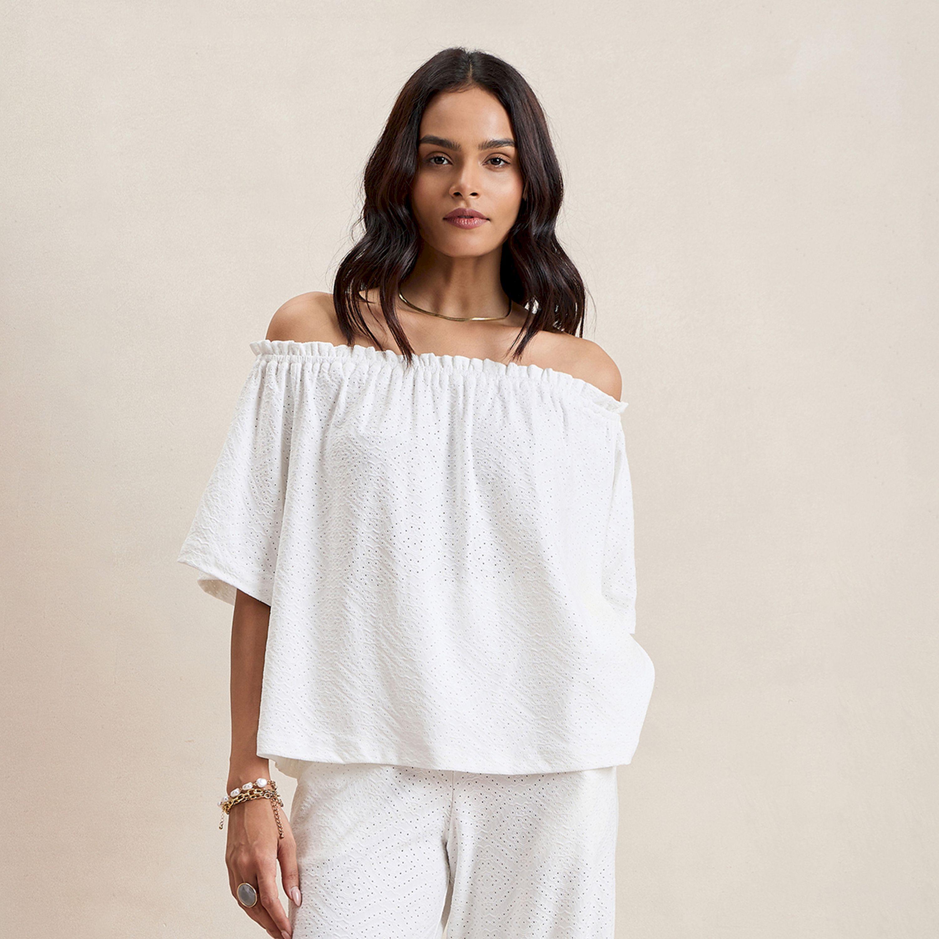 Femmella X Styli  Knitted Schiffli Off Shoulder Neck Top-women-clothing-shirtsandblouses-blouses-image-2