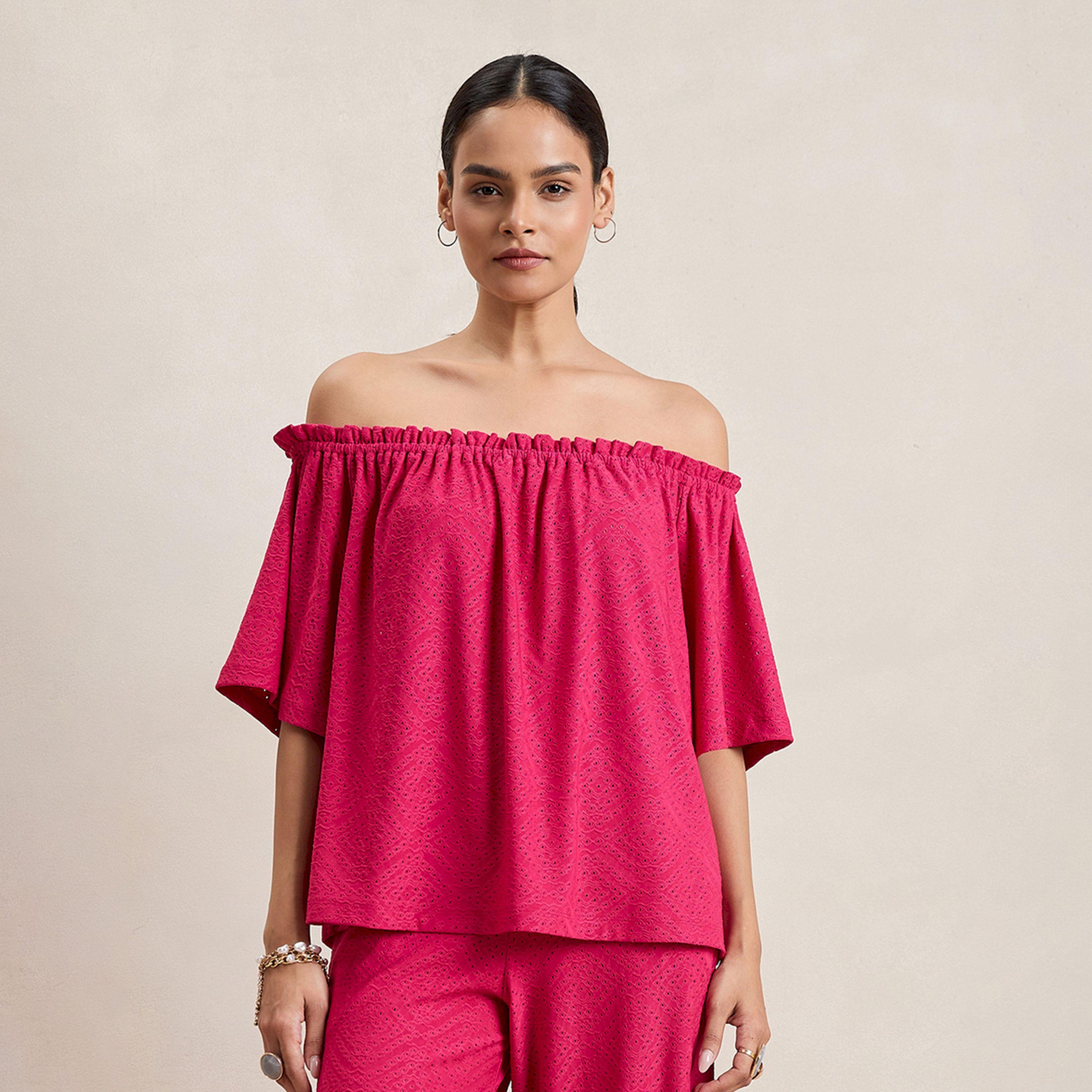 Femmella X Styli  Knitted Schiffli Off Shoulder Neck Top-women-clothing-tshirts-image-1