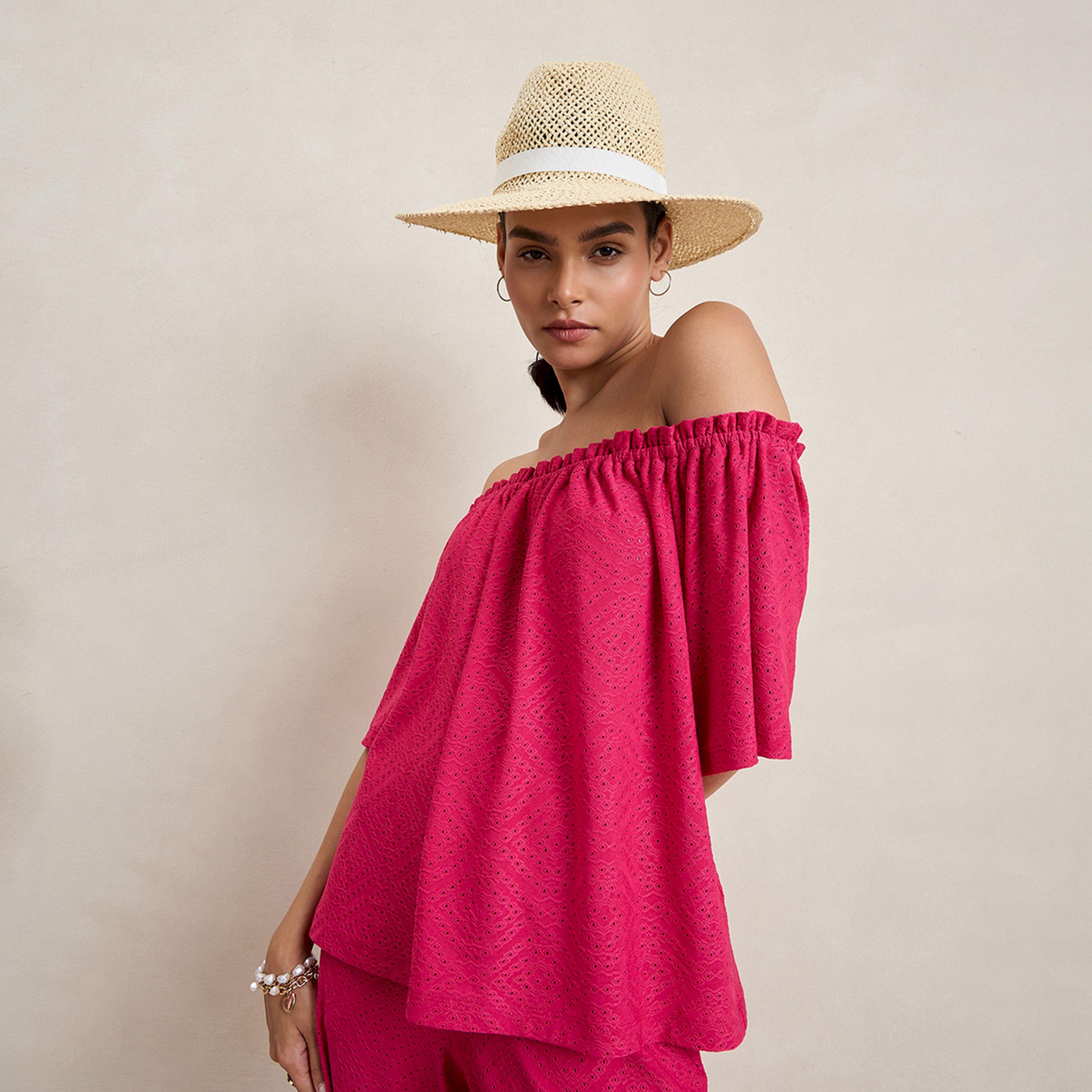 Femmella X Styli  Knitted Schiffli Off Shoulder Neck Top-women-clothing-tshirts-image-10