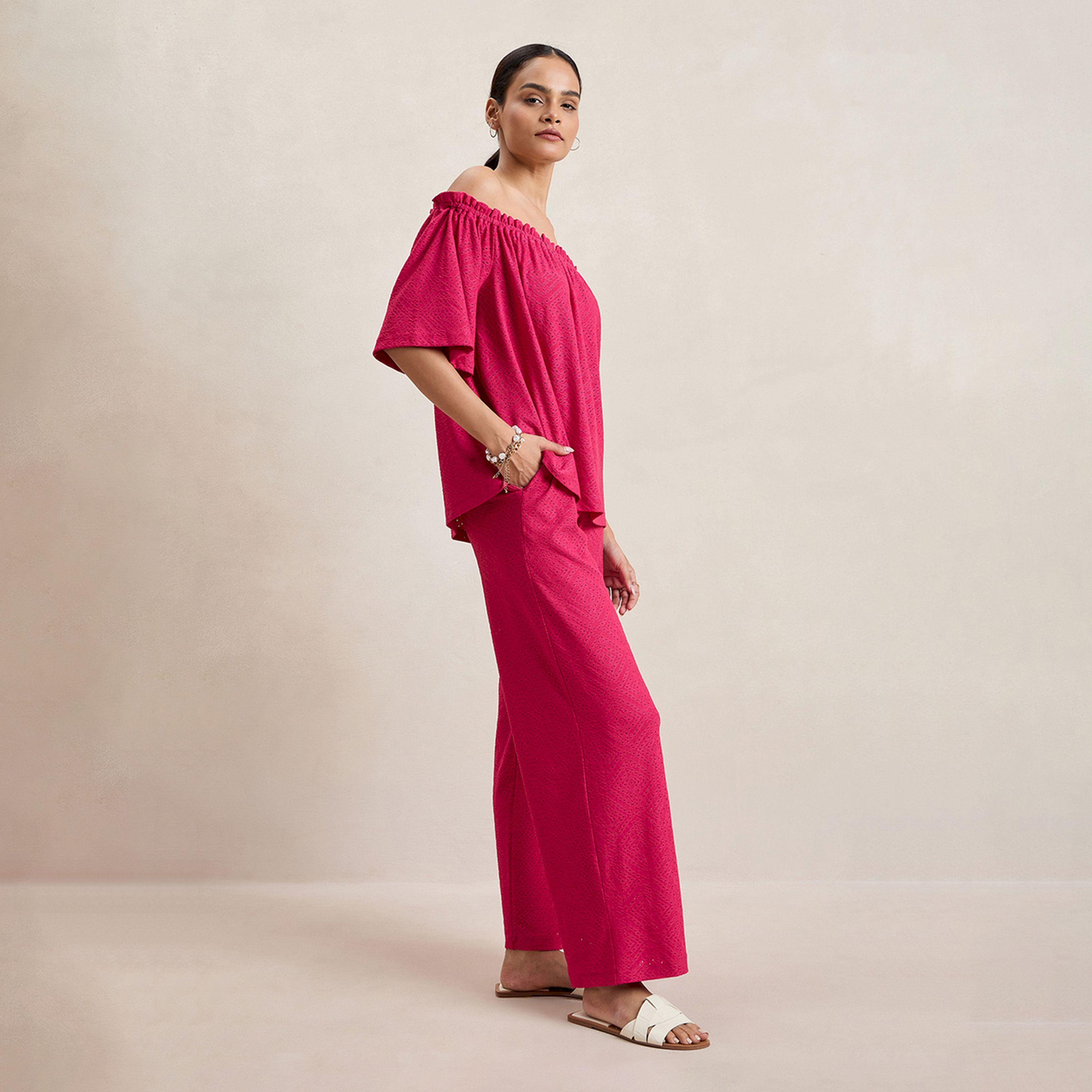 Femmella X Styli  Knitted Schiffli Off Shoulder Neck Top-women-clothing-tshirts-image-3