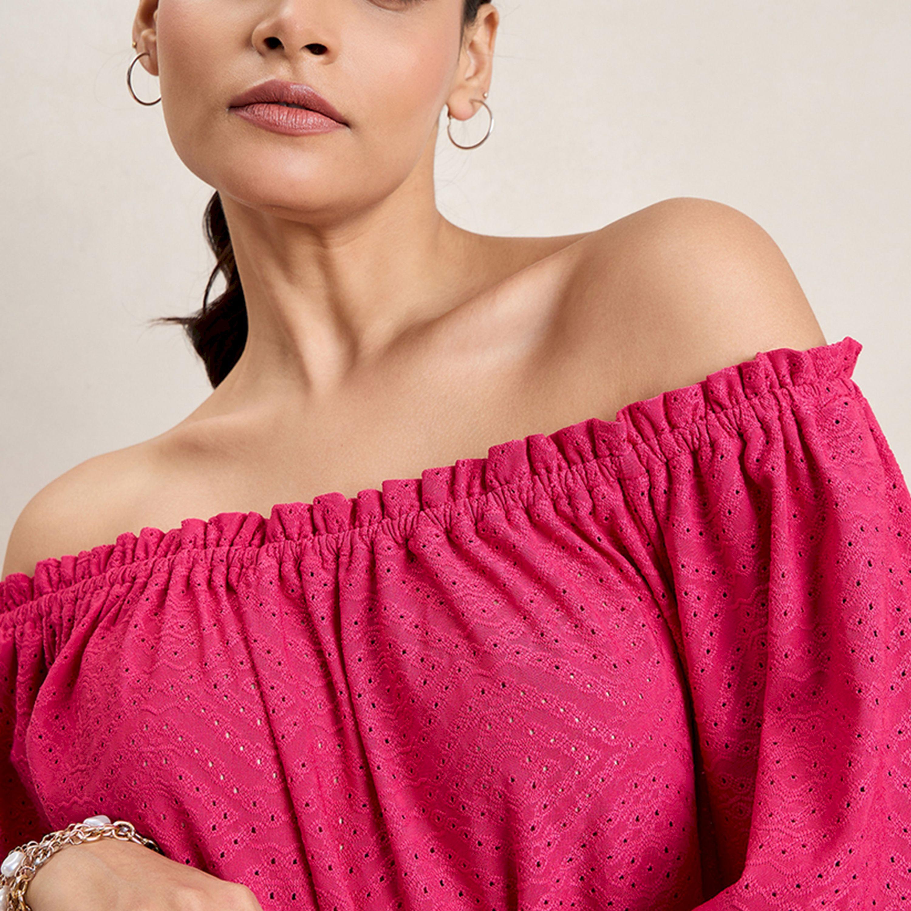 Femmella X Styli  Knitted Schiffli Off Shoulder Neck Top-women-clothing-tshirts-image-5