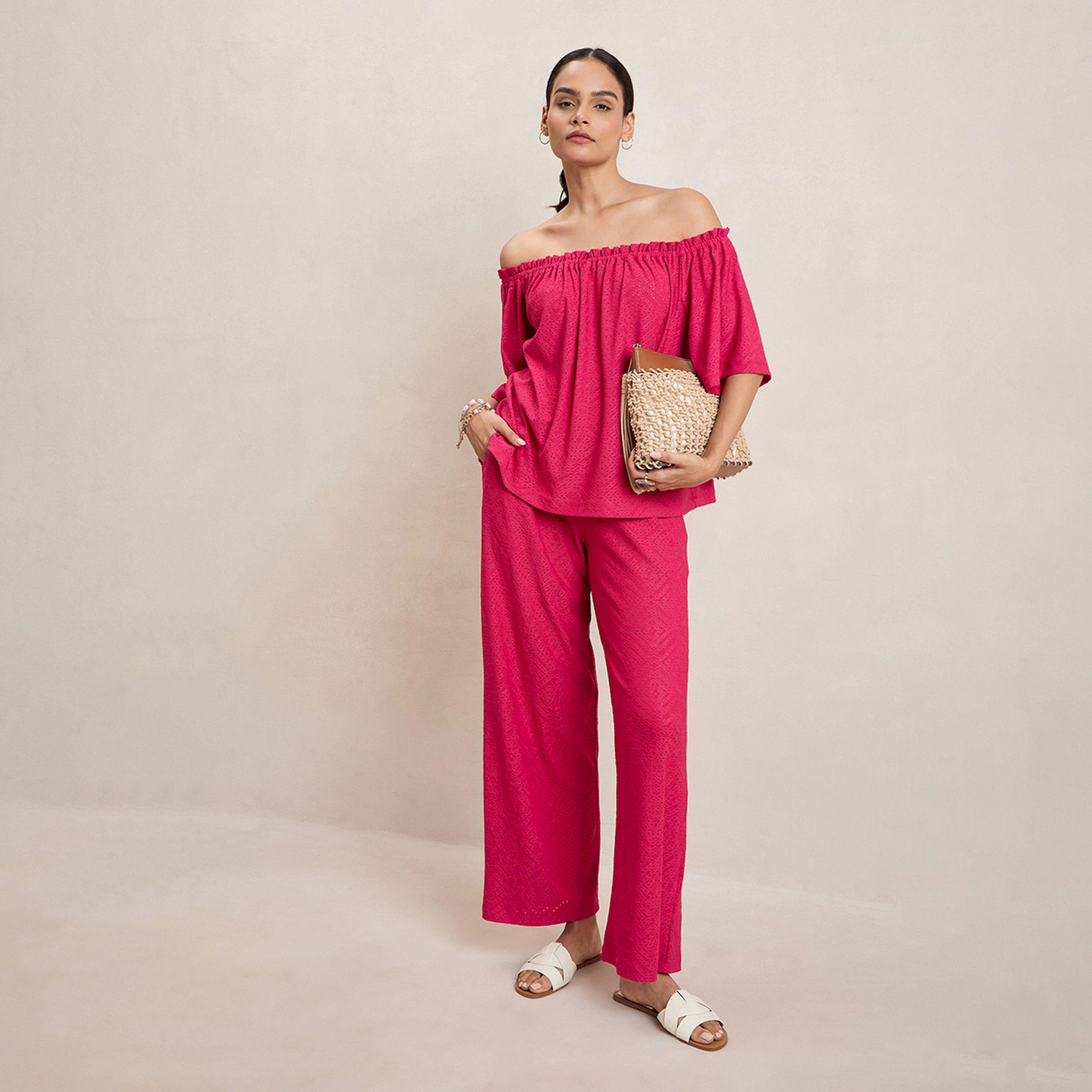 Femmella X Styli  Knitted Schiffli Off Shoulder Neck Top-women-clothing-tshirts-image-6