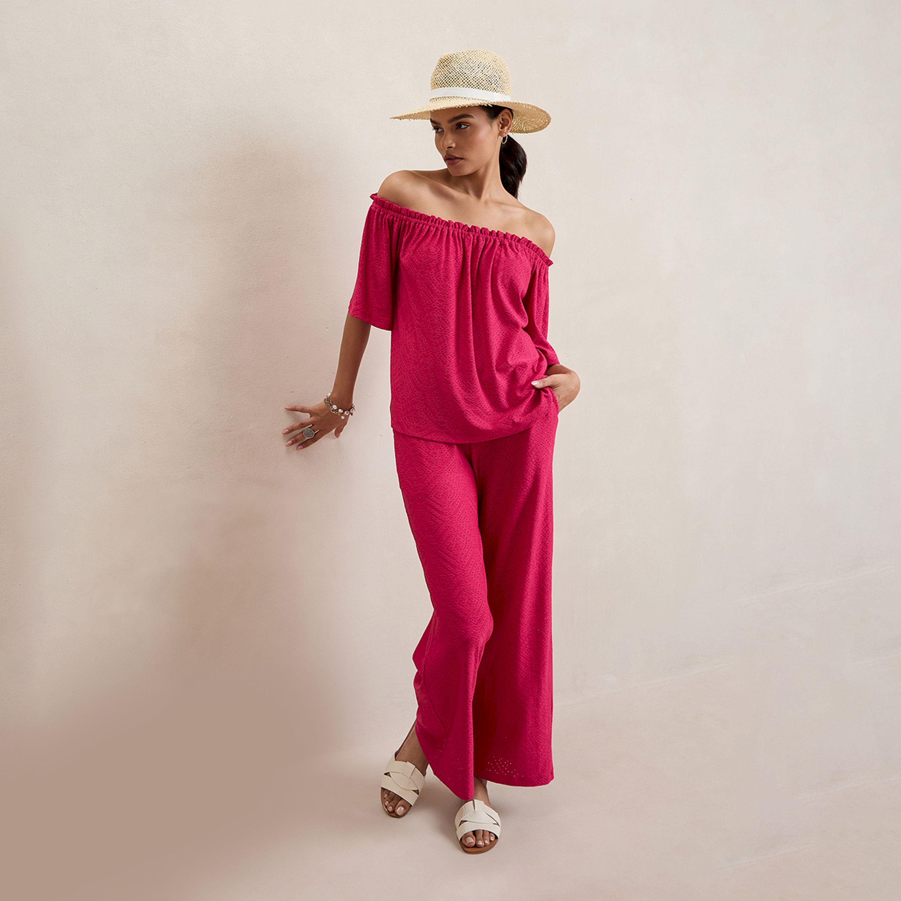 Femmella X Styli  Knitted Schiffli Off Shoulder Neck Top-women-clothing-tshirts-image-8