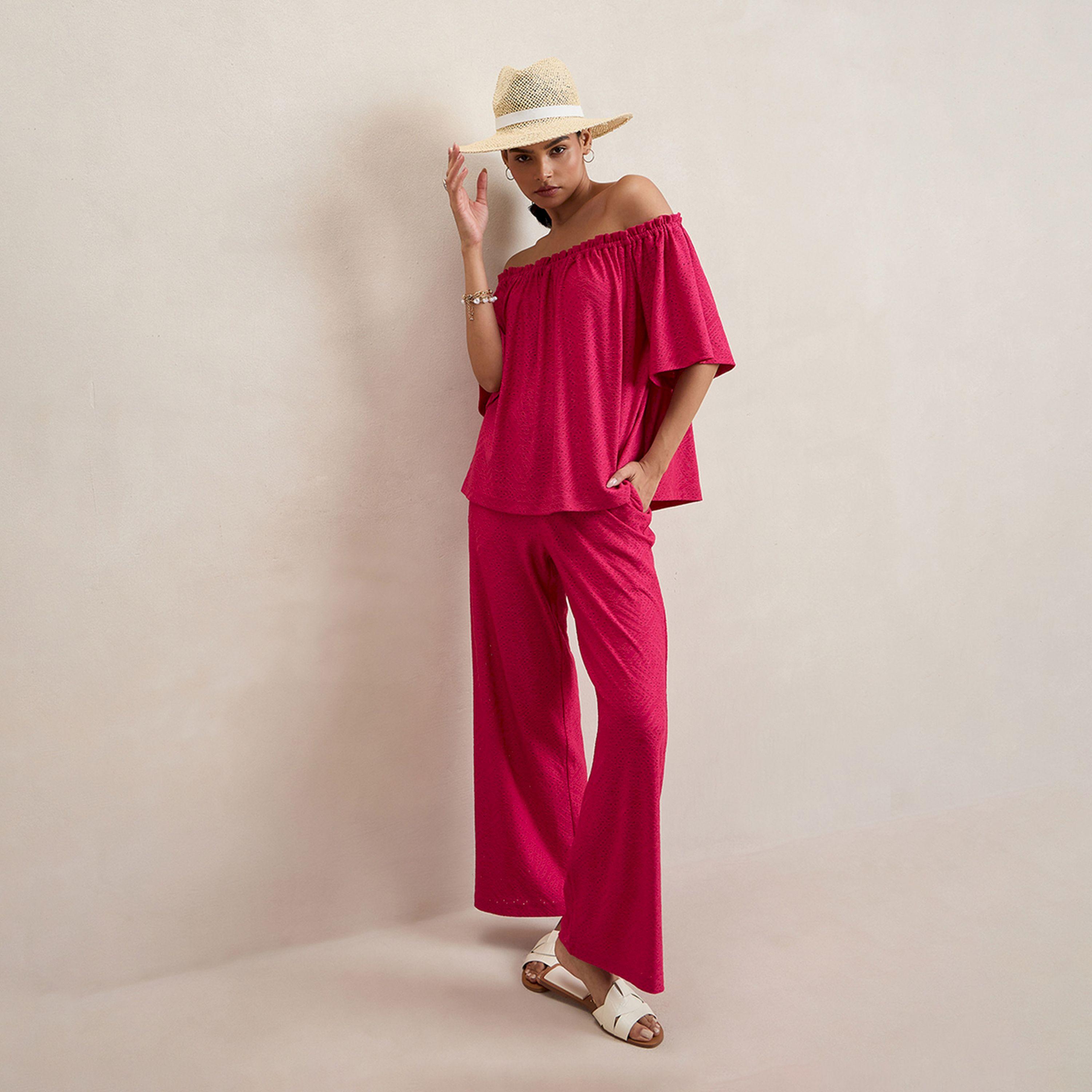 Femmella X Styli  Knitted Schiffli Off Shoulder Neck Top-women-clothing-tshirts-image-9