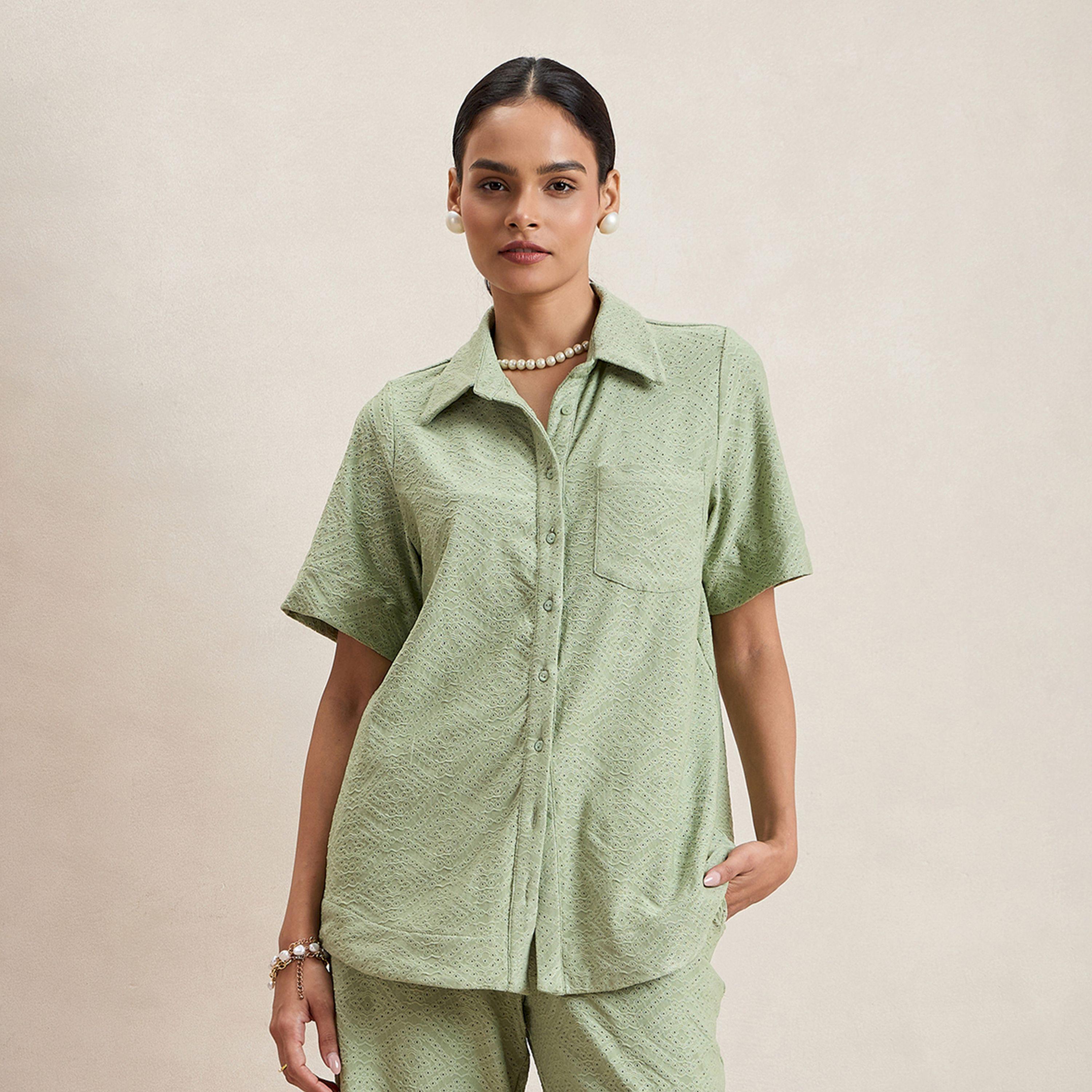 Femmella X Styli  Knitted Schiffli Button Down Longline Shirt-women-clothing-shirtsandblouses-shirts-image-1