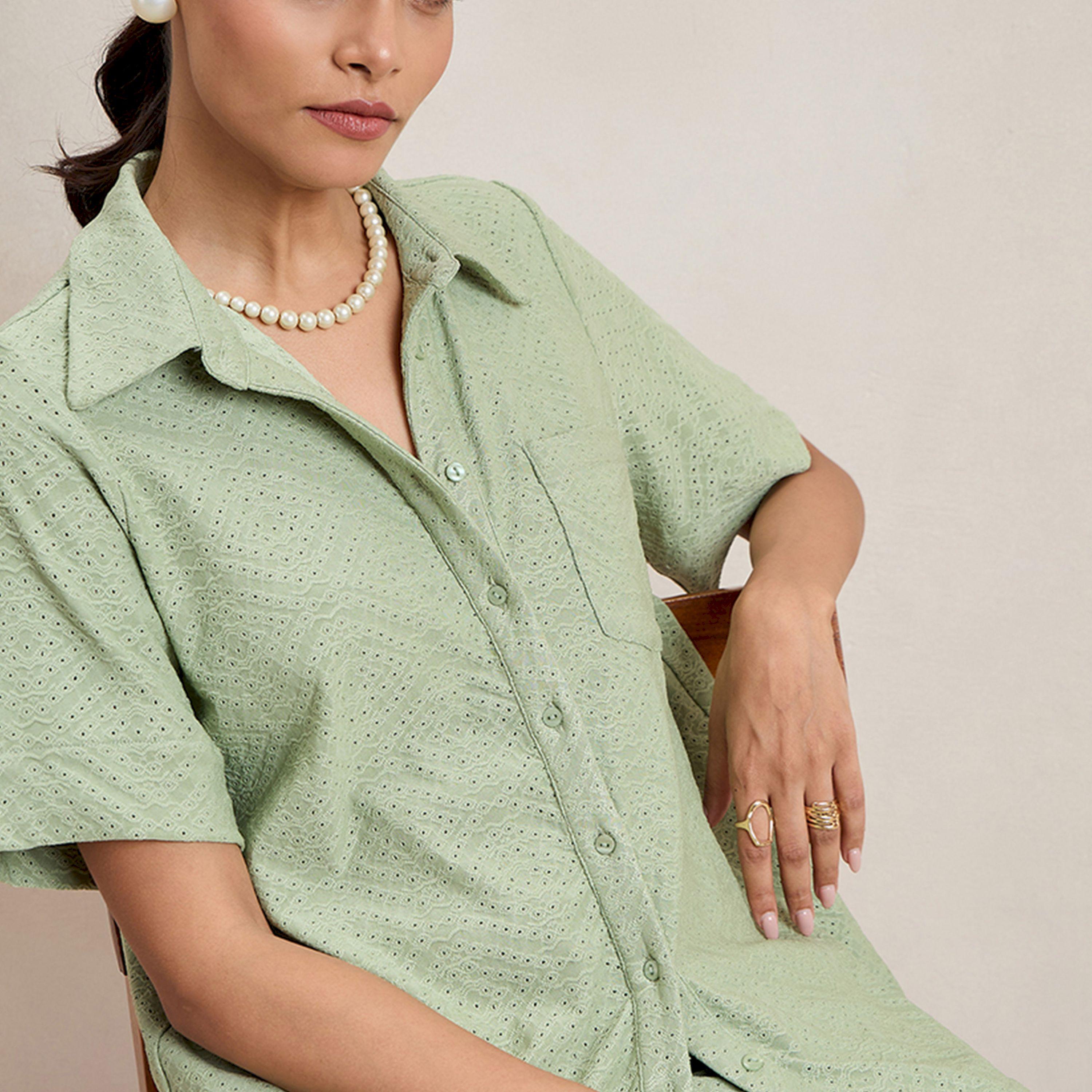 Femmella X Styli  Knitted Schiffli Button Down Longline Shirt-women-clothing-shirtsandblouses-shirts-image-8