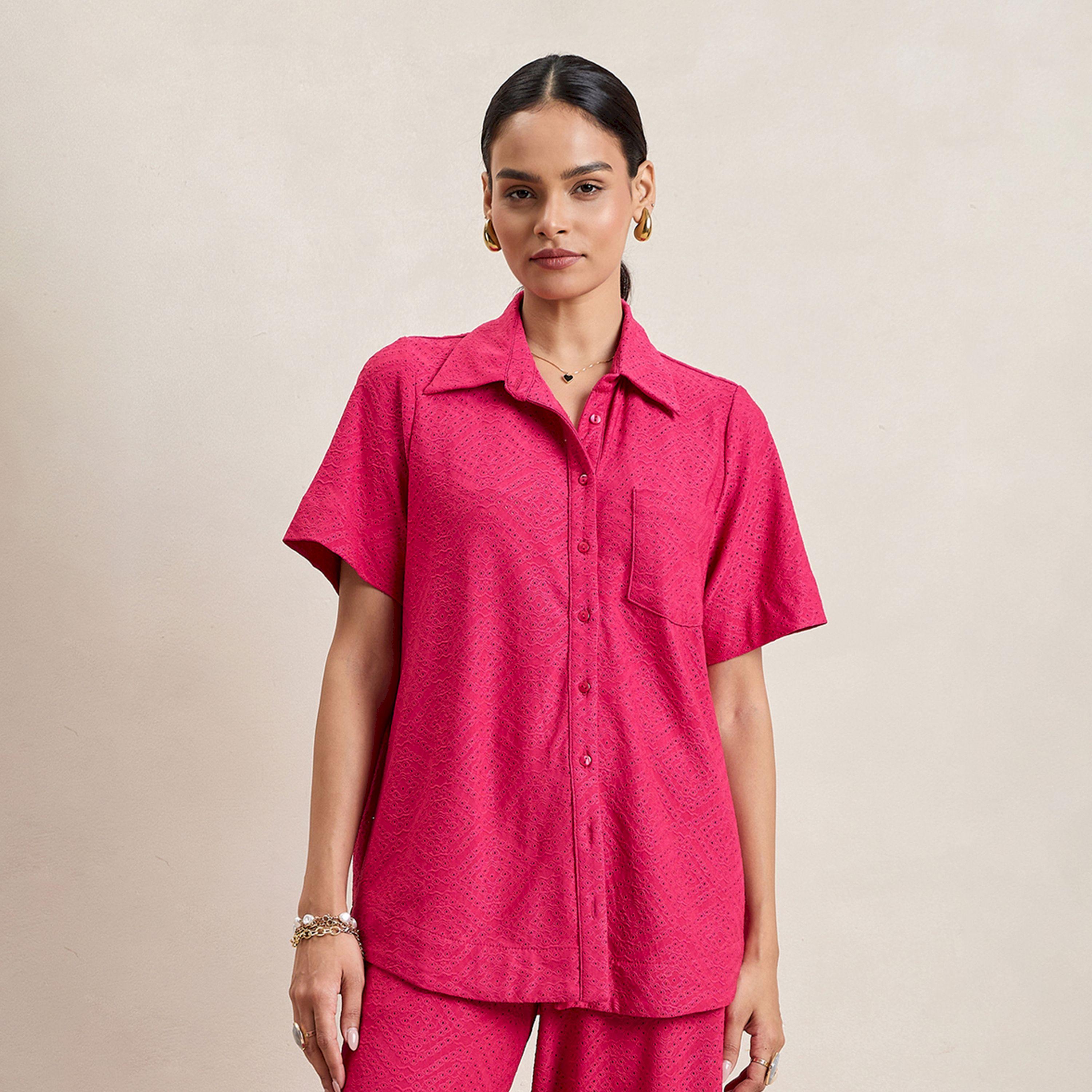 Femmella X Styli  Knitted Schiffli Button Down Longline Shirt-women-clothing-shirtsandblouses-shirts-image-1