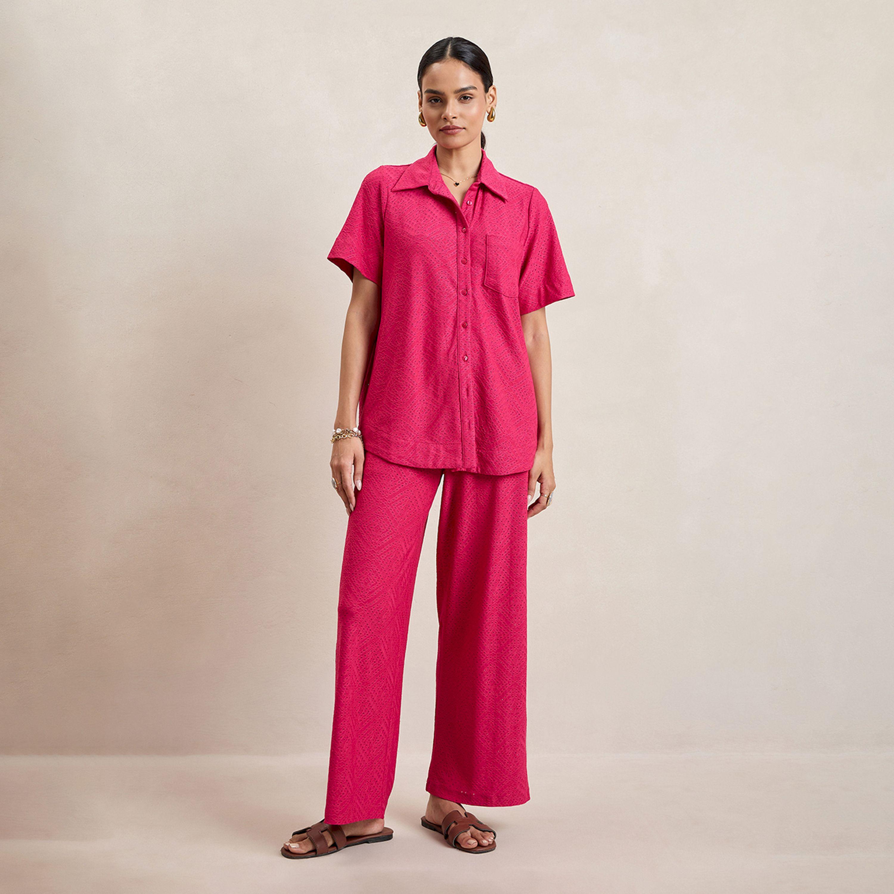 Femmella X Styli  Knitted Schiffli Button Down Longline Shirt-women-clothing-shirtsandblouses-shirts-image-2