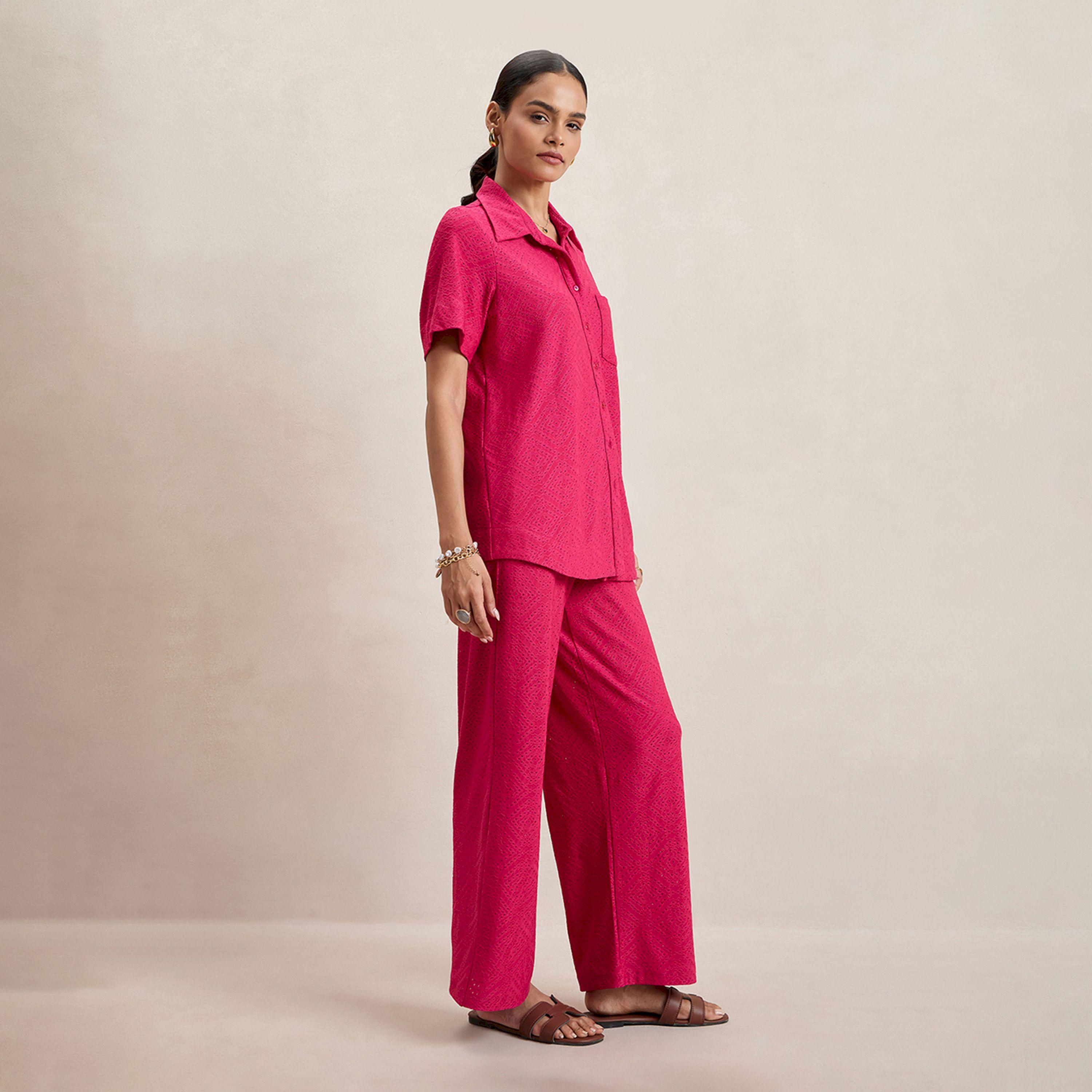Femmella X Styli  Knitted Schiffli Button Down Longline Shirt-women-clothing-shirtsandblouses-shirts-image-4