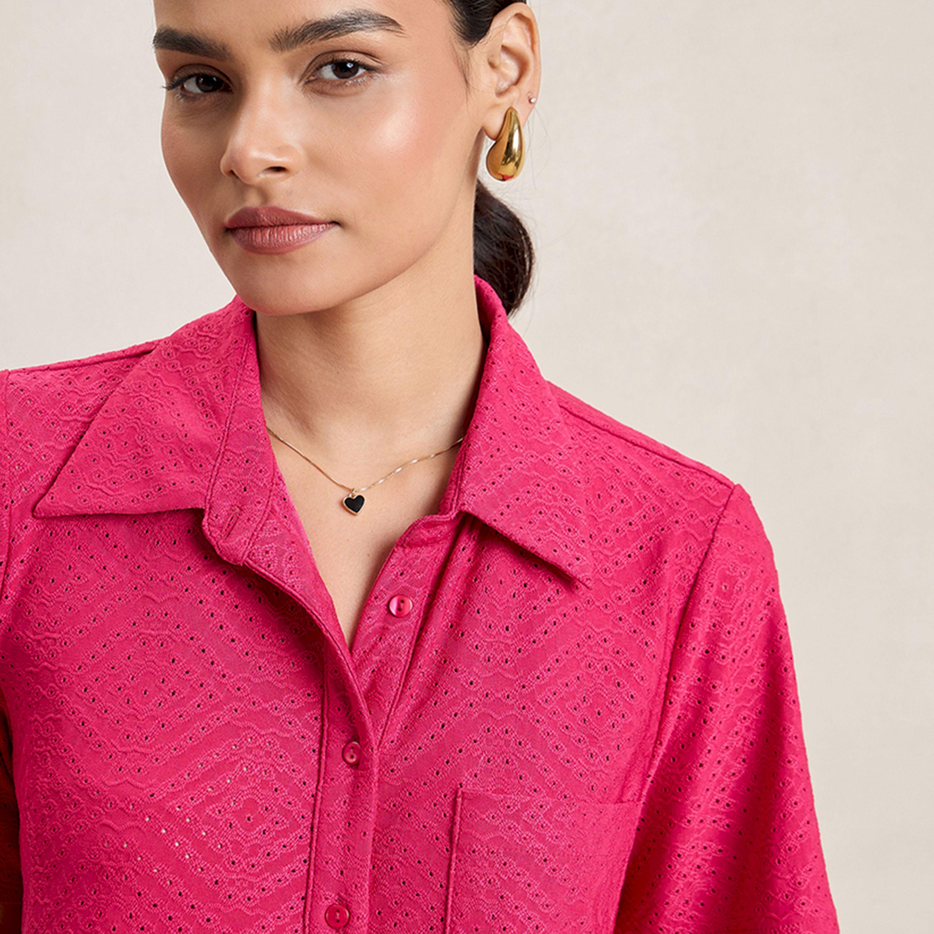 Femmella X Styli  Knitted Schiffli Button Down Longline Shirt-women-clothing-shirtsandblouses-shirts-image-5
