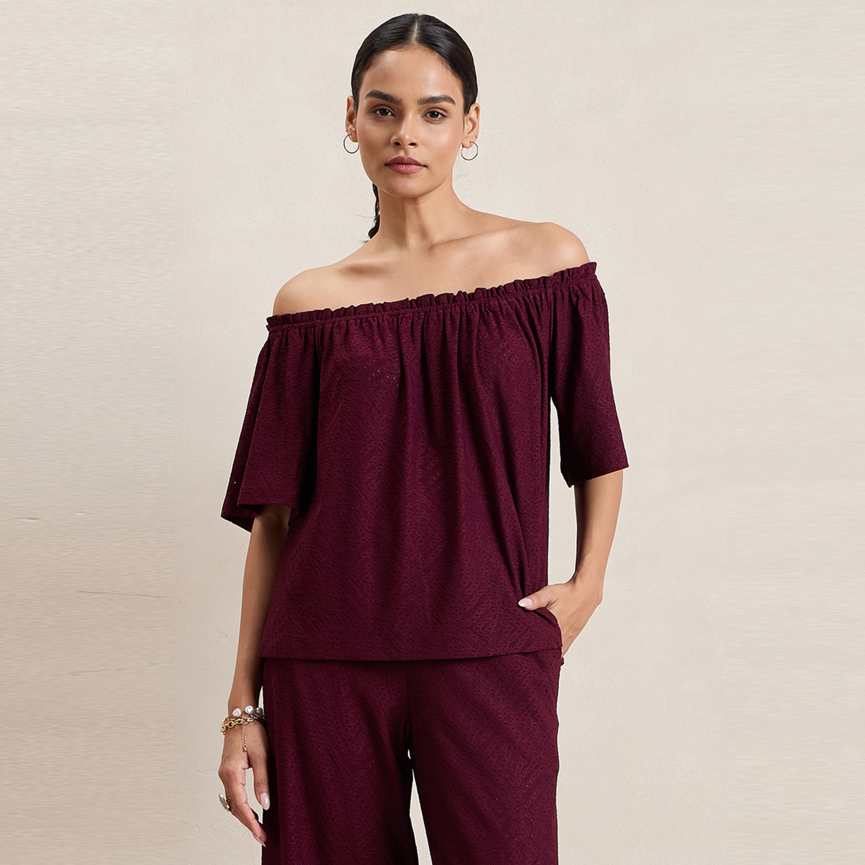 Femmella X Styli  Knitted Schiffli Off Shoulder Neck Top-women-clothing-tshirts-image-1