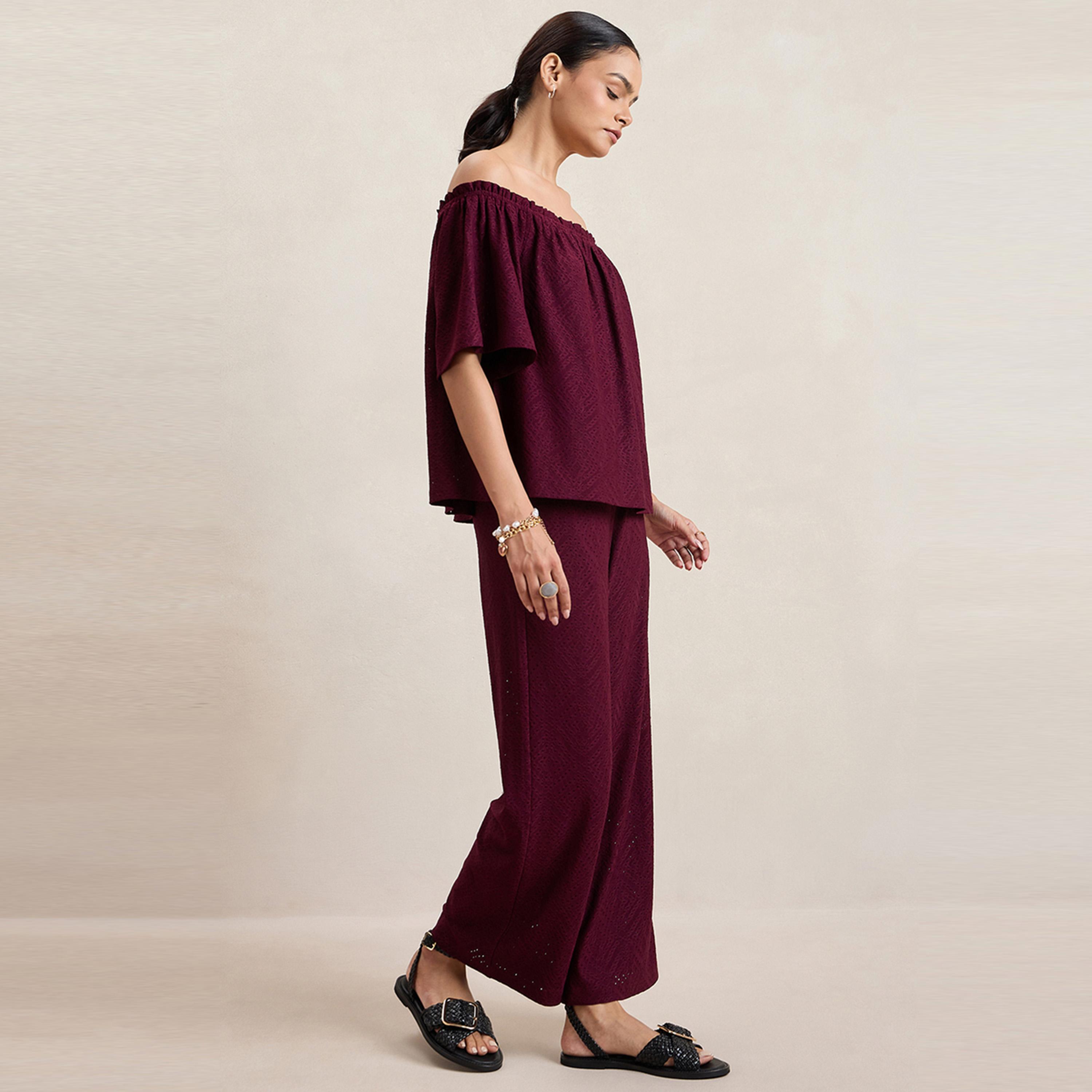 Femmella X Styli  Knitted Schiffli Off Shoulder Neck Top-women-clothing-tshirts-image-3