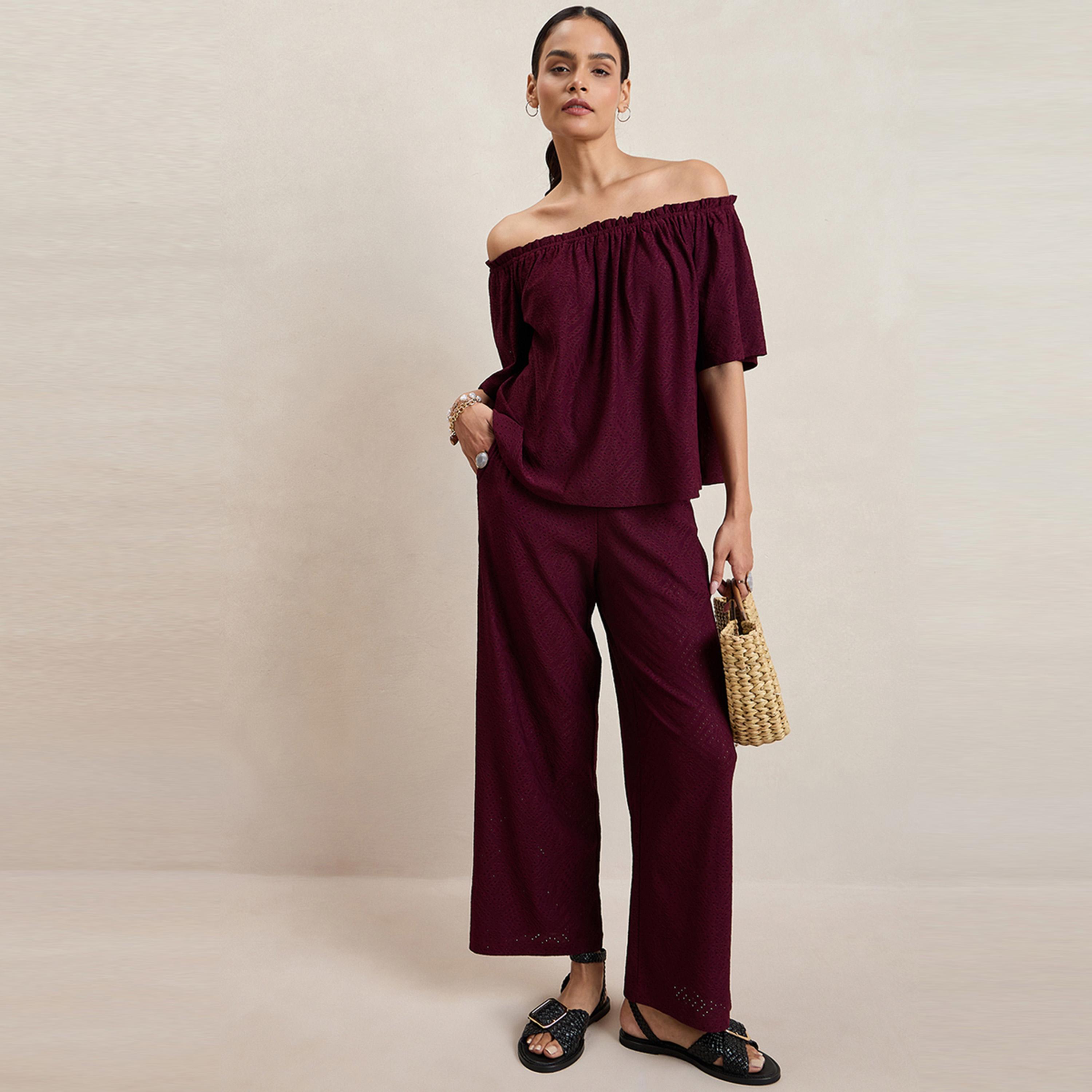 Femmella X Styli  Knitted Schiffli Off Shoulder Neck Top-women-clothing-tshirts-image-5
