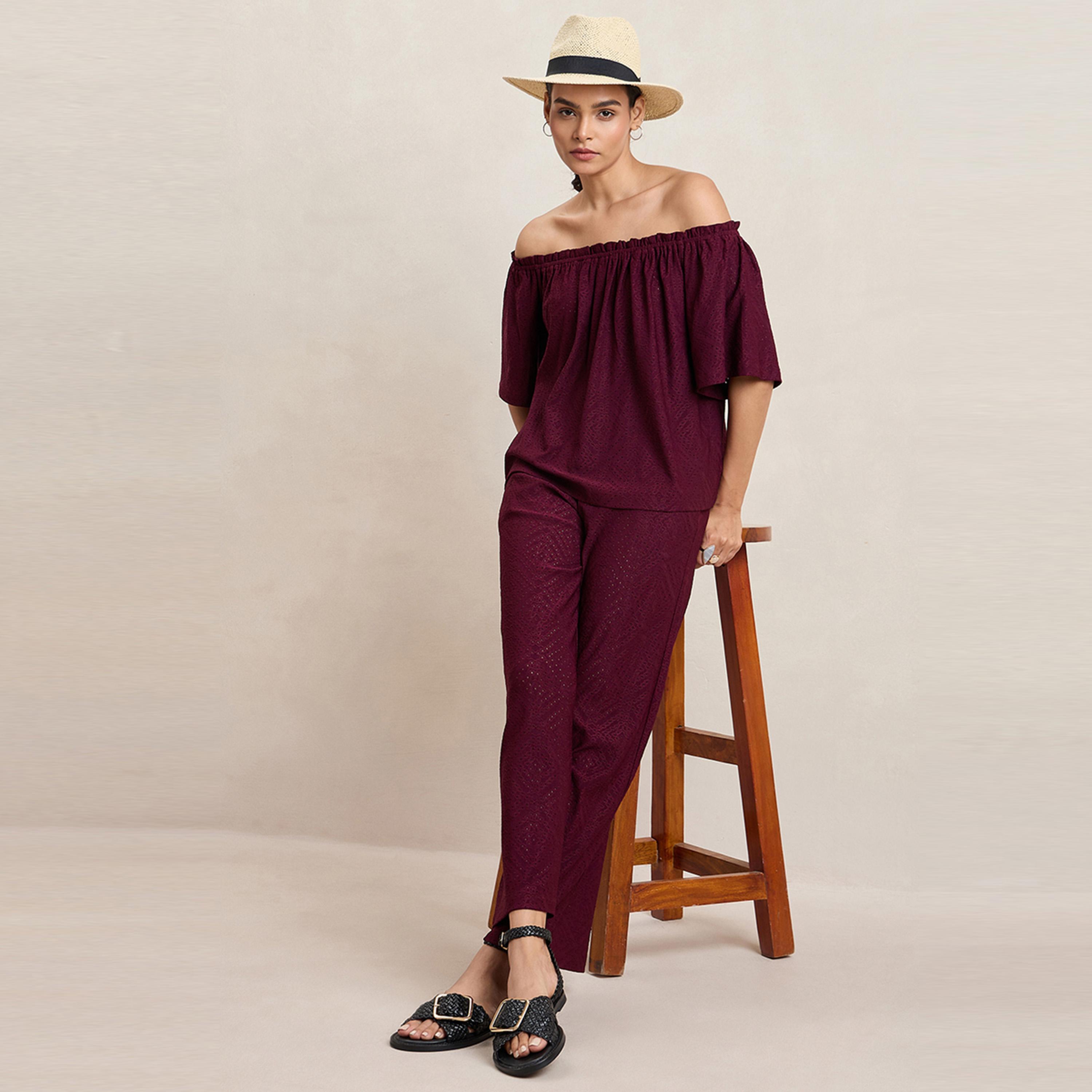 Femmella X Styli  Knitted Schiffli Off Shoulder Neck Top-women-clothing-tshirts-image-6
