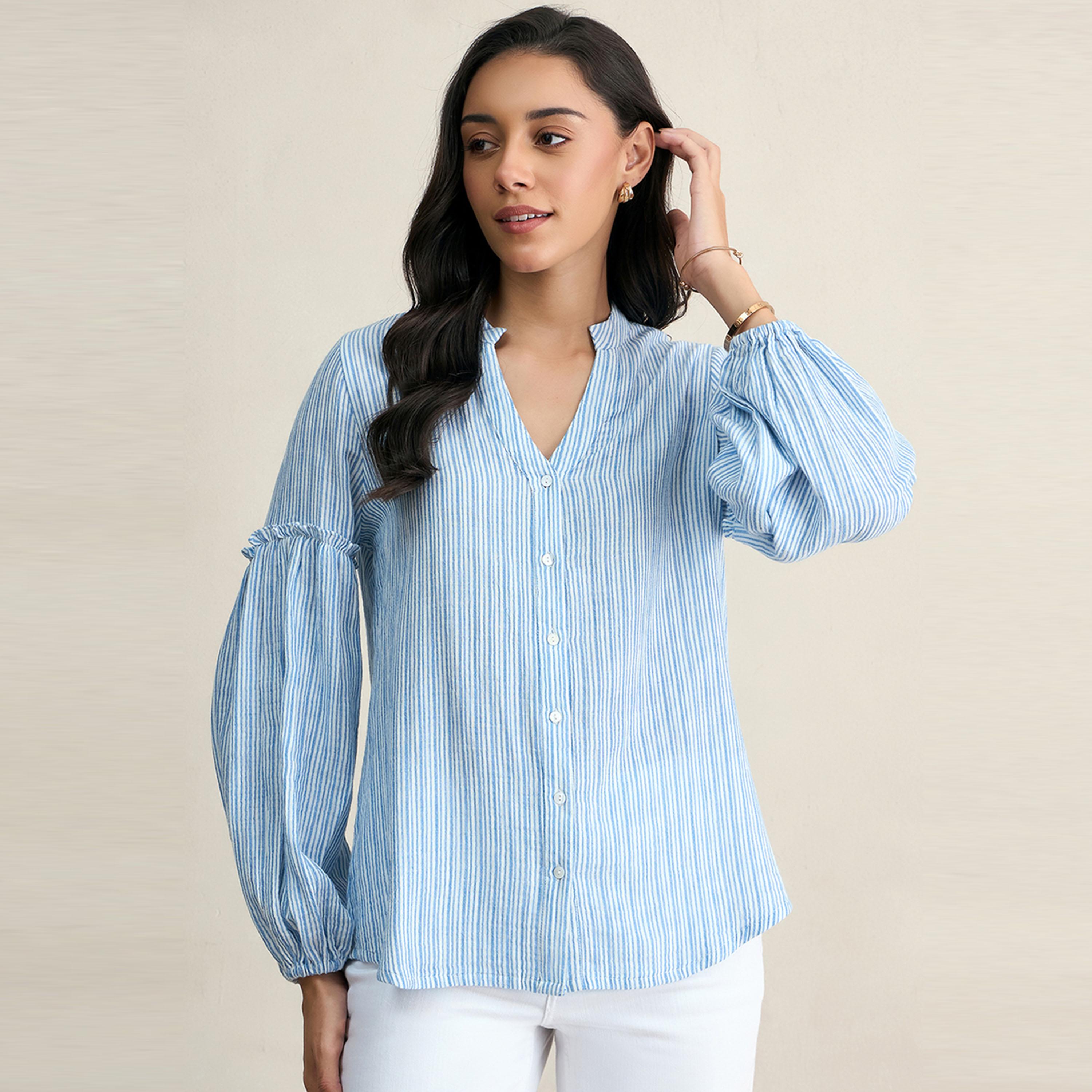 Femmella X Styli  Striped Balloon Sleeve Regular Fit Shirt-women-clothing-shirtsandblouses-shirts-image-1