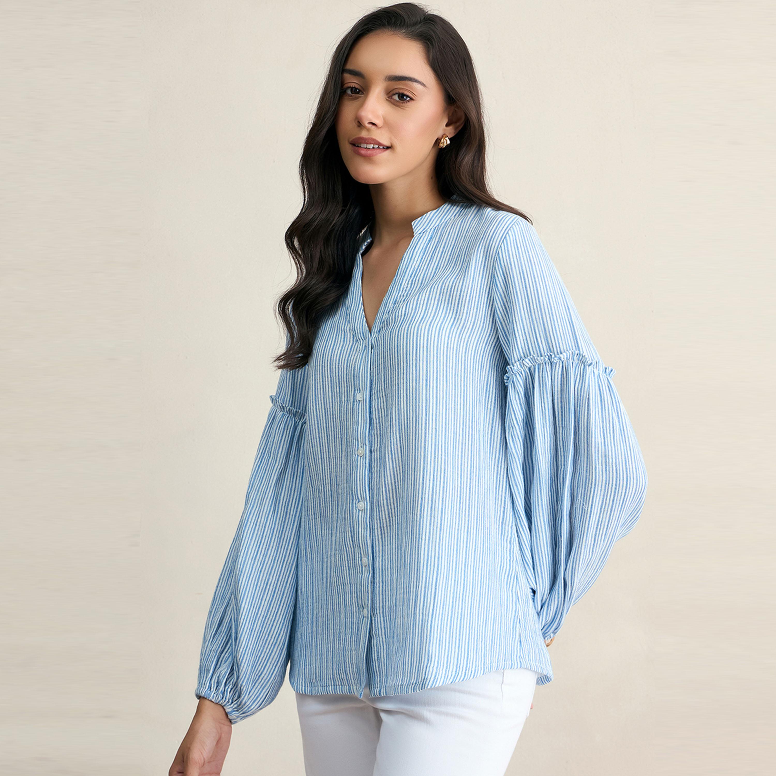 Femmella X Styli  Striped Balloon Sleeve Regular Fit Shirt-women-clothing-shirtsandblouses-shirts-image-2
